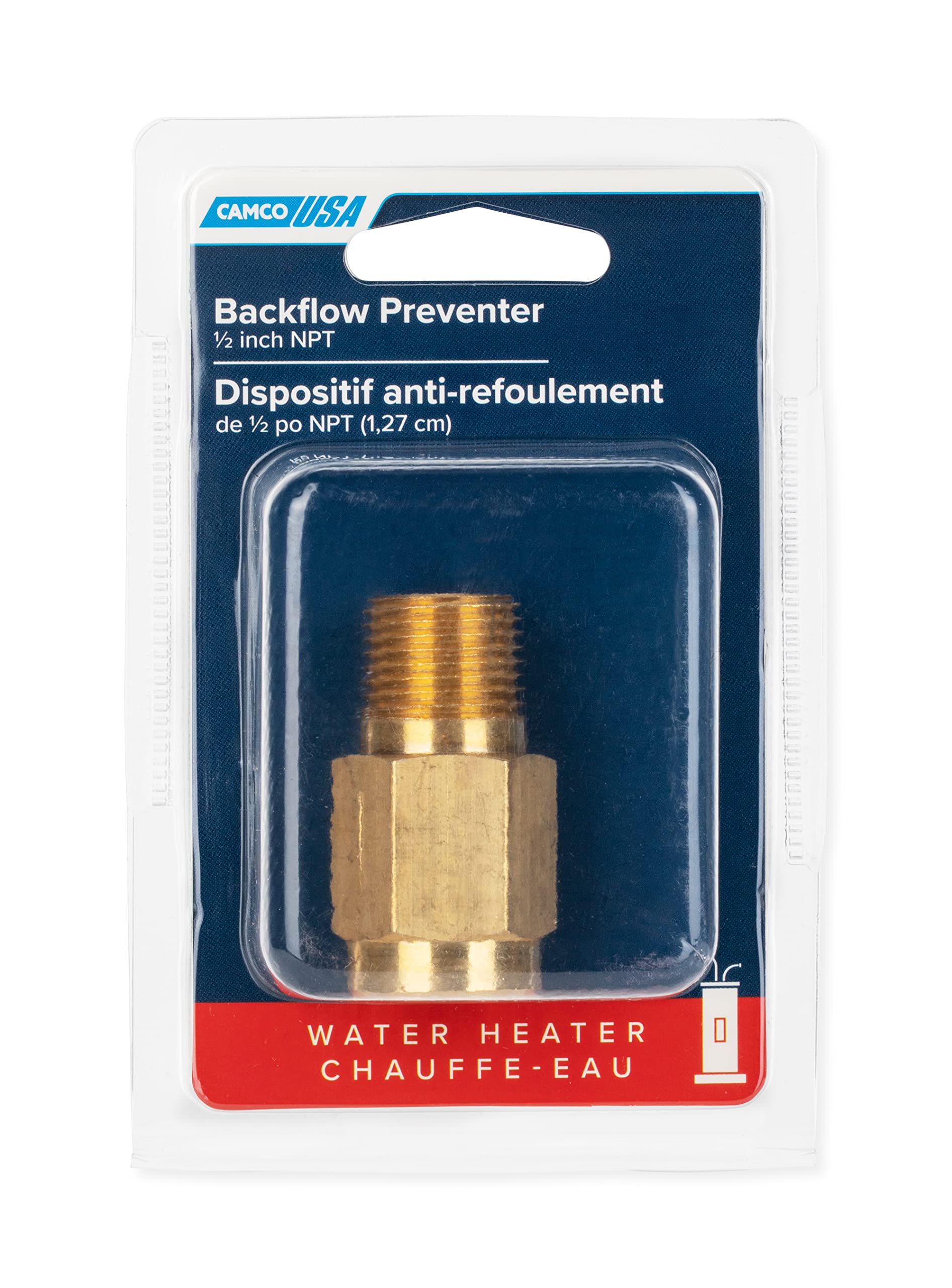 Camco Backflow Preventer RV Water Heater | Features a Heavy-Duty Brass with a Stainless Spring Construction and a 1/2-Inch Male x Female NPT (23303)