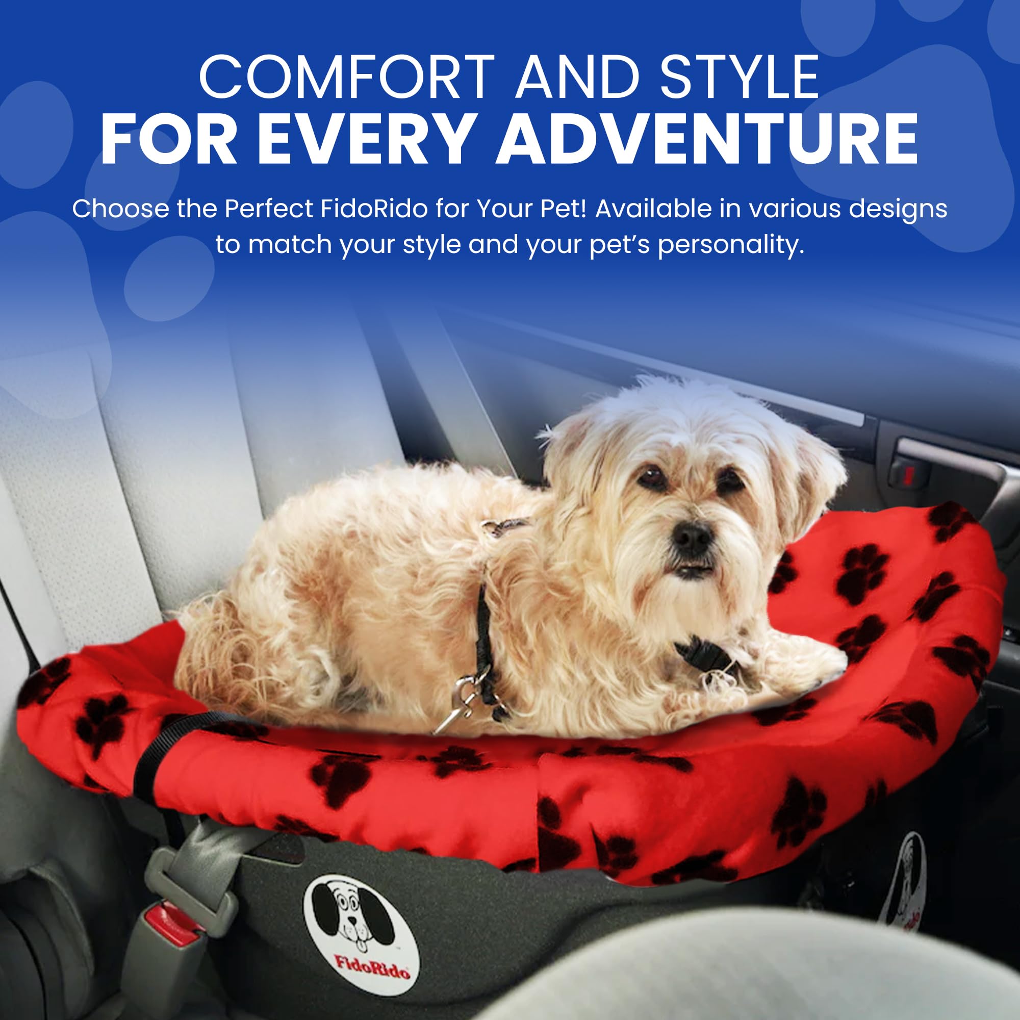Dog Car Seat FidoRido - Pet Booster Seat for Small to Large Dogs with Comfortable Cushions, Sherpa Cover, and Safety Straps, Easy to Install, Ideal for Travel, Red, Black Paw Prints - Medium Harness