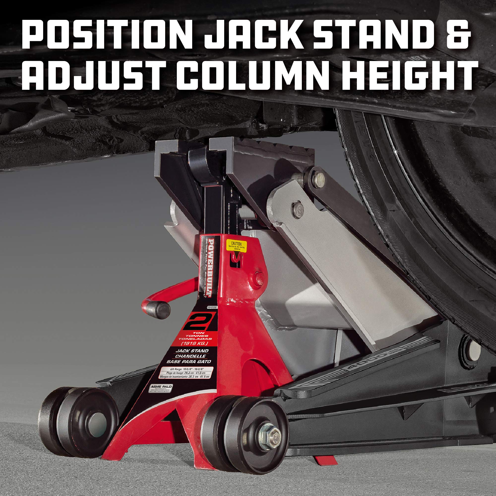 2 Ton Powerbuilt U-Jack Garage Jack, 3000 LBS Loading Capacity, Lift Range: 4-1/2-Inch to 18-3/4-Inch, Unique Saddle for sliding jackstand into - 620516