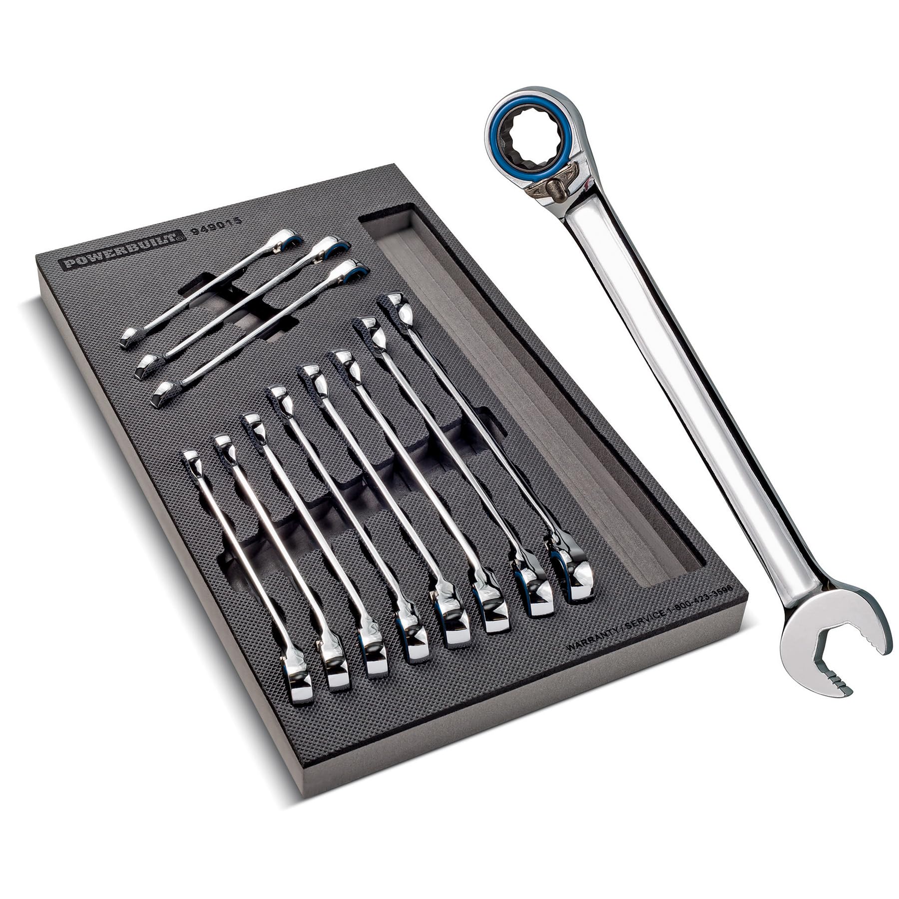 Powerbuilt Reversible SAE Ratcheting Wrench Set, 11 Piece, 72 Tooth Switch Control, 5 Degree, Non-Slip Open End, Storage Tray - 949015