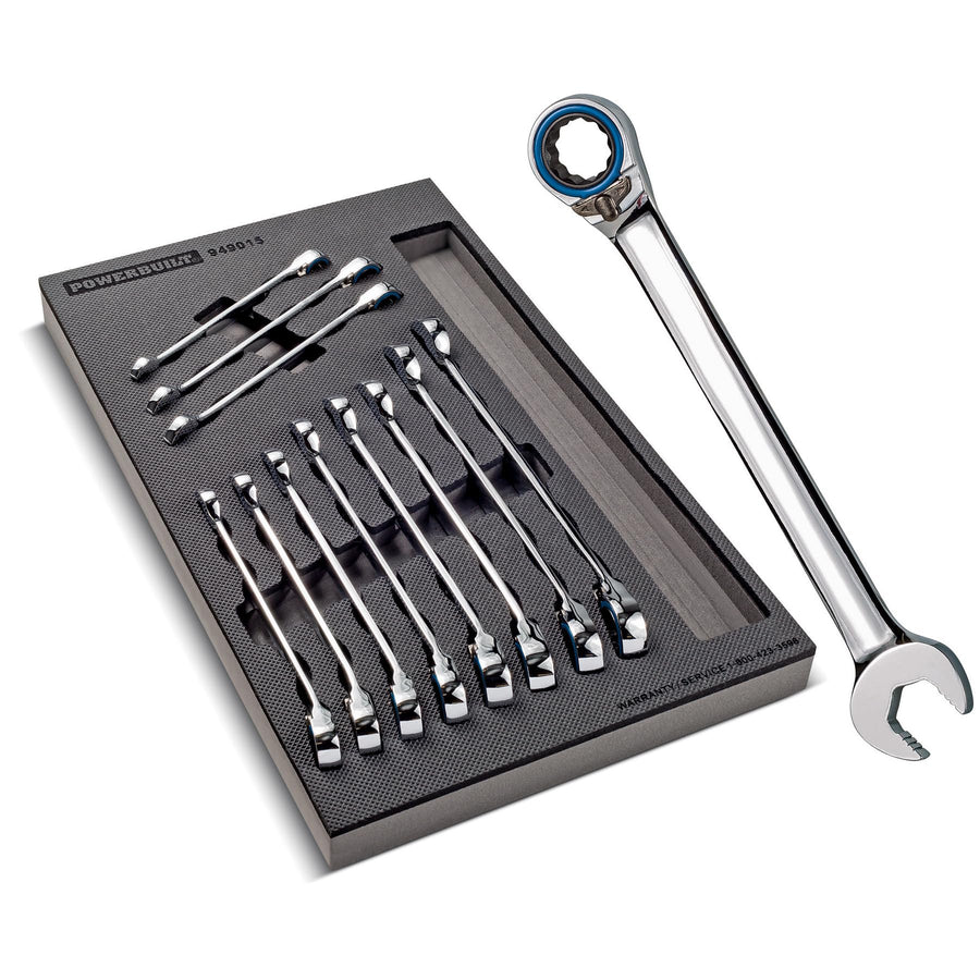Powerbuilt Reversible SAE Ratcheting Wrench Set, 11 Piece, 72 Tooth Switch Control, 5 Degree, Non-Slip Open End, Storage Tray - 949015