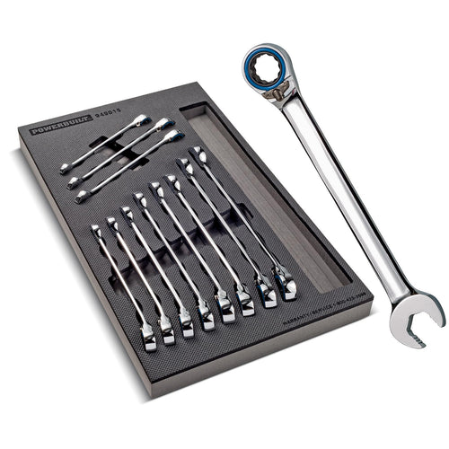 Powerbuilt Reversible SAE Ratcheting Wrench Set, 11 Piece, 72 Tooth Switch Control, 5 Degree, Non-Slip Open End, Storage Tray - 949015