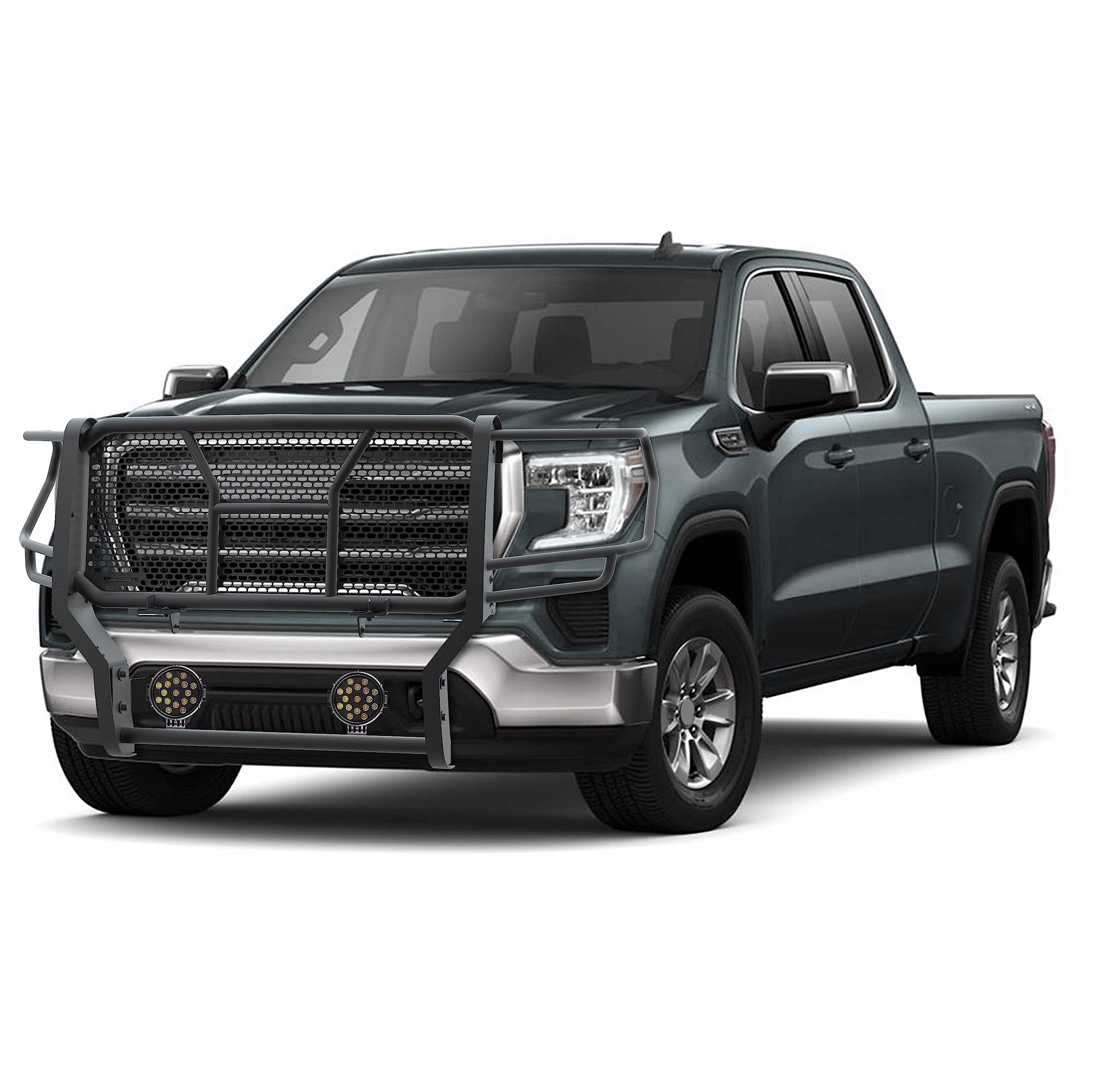 Heavy Duty Black Horse Rugged Grille Brush Bumper Guard Modular Black Come with Pair of 7.0" Dia.LED Lights with Black Trim Rings Compatible with 2020-2023 GMC Sierra 2500 HD/3500 HD-RU-GMSI20-B-PLB
