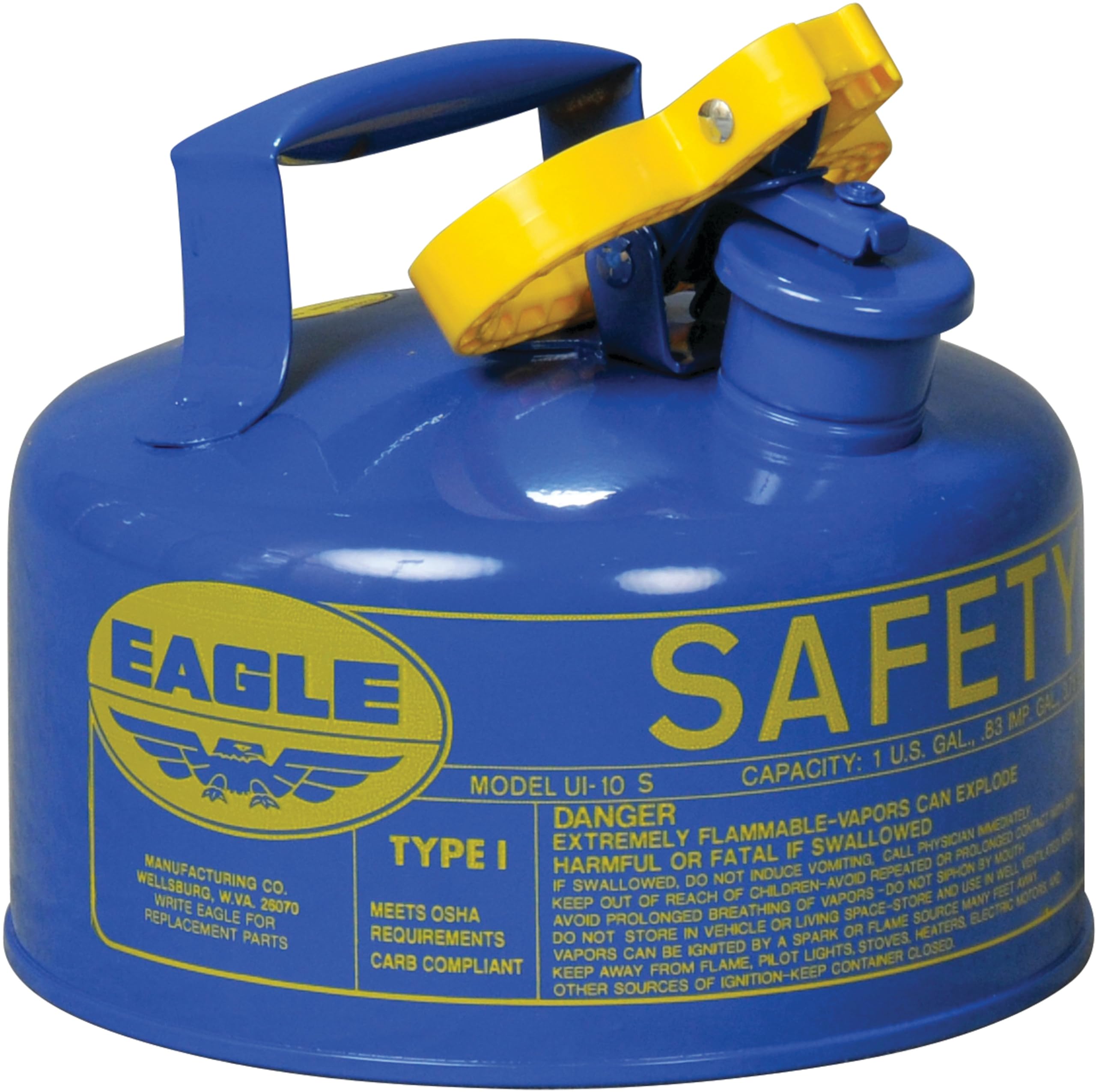Eagle 1 Gallon Blue Type I Safety Gas Can for Kerosene with Flame Arrester and Self-Closing Lid, Made in the USA, Galvanized Steel Flammable Storage Can, UI10SB