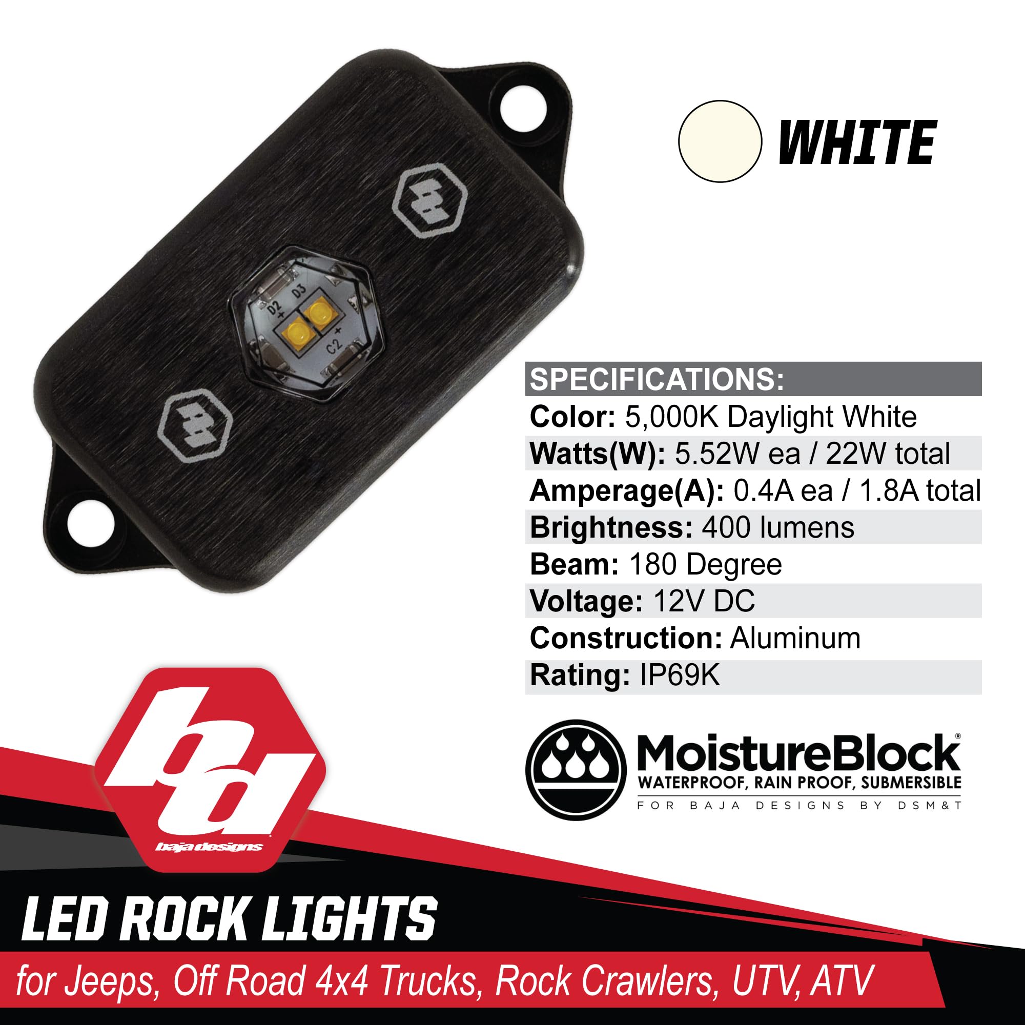 LED Rock Light Kit Baja Designs - 4 PCS. LED with Wiring Harness (White)