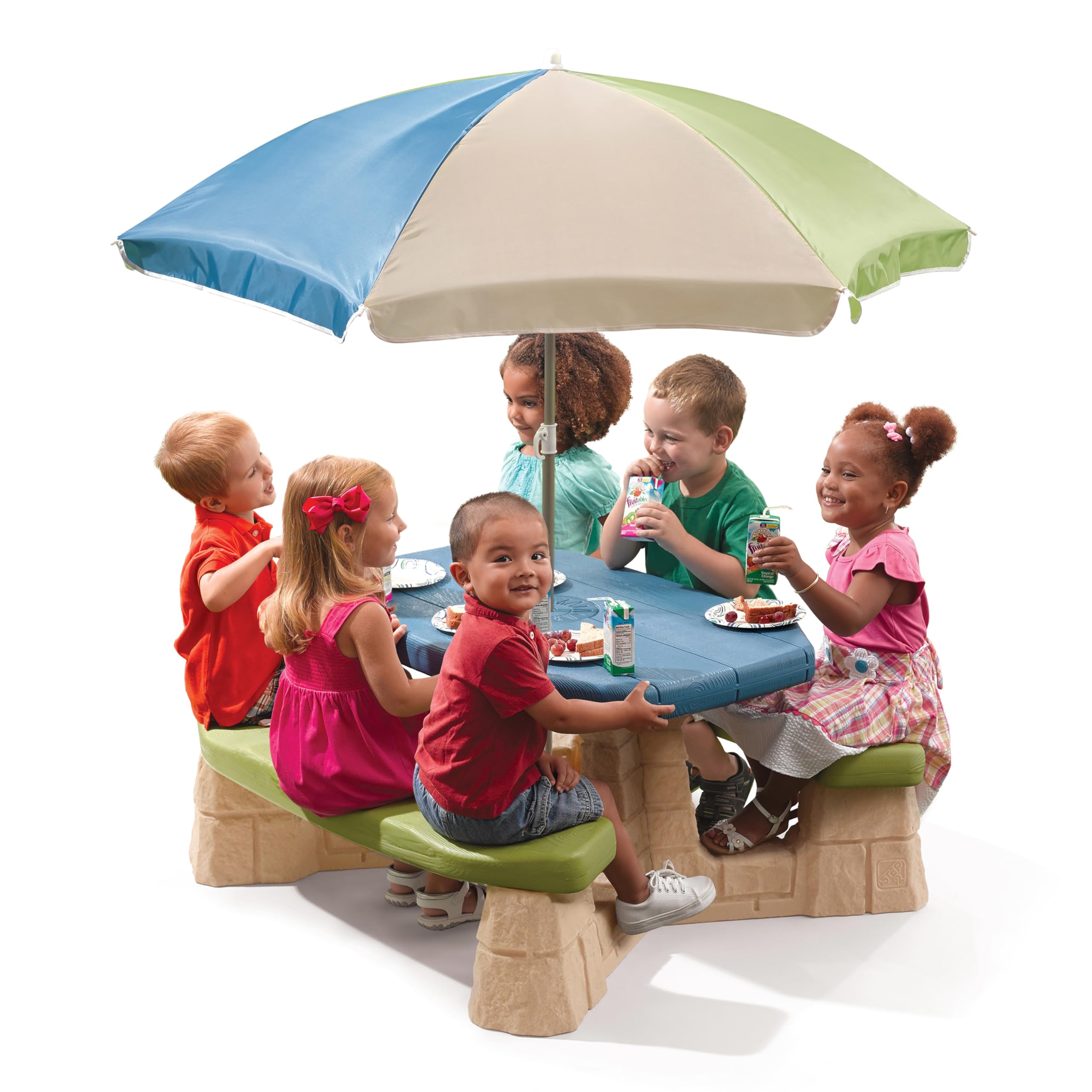 Step2 Kids Picnic Table Naturally Playful with Removable Umbrella, Indoor/Outdoor Toys, Fits 6 Children, Made of Durable Plastic, For Toddlers 3+ Years Old, Blue & Green