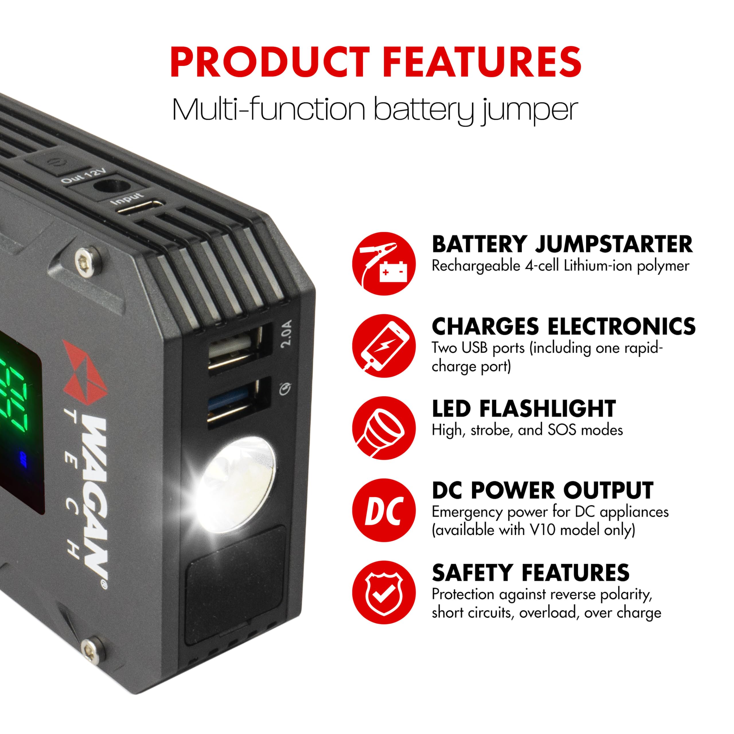 Wagan Jump Starter EL7507 iOnBoost V10 Torque 1000Amp Peak 12V Portable Lithium Car Battery Up to 7.8L V10 or 6.7L Diesel, 12V Jump Pack with Built-in LED Bright Light, UL Certified