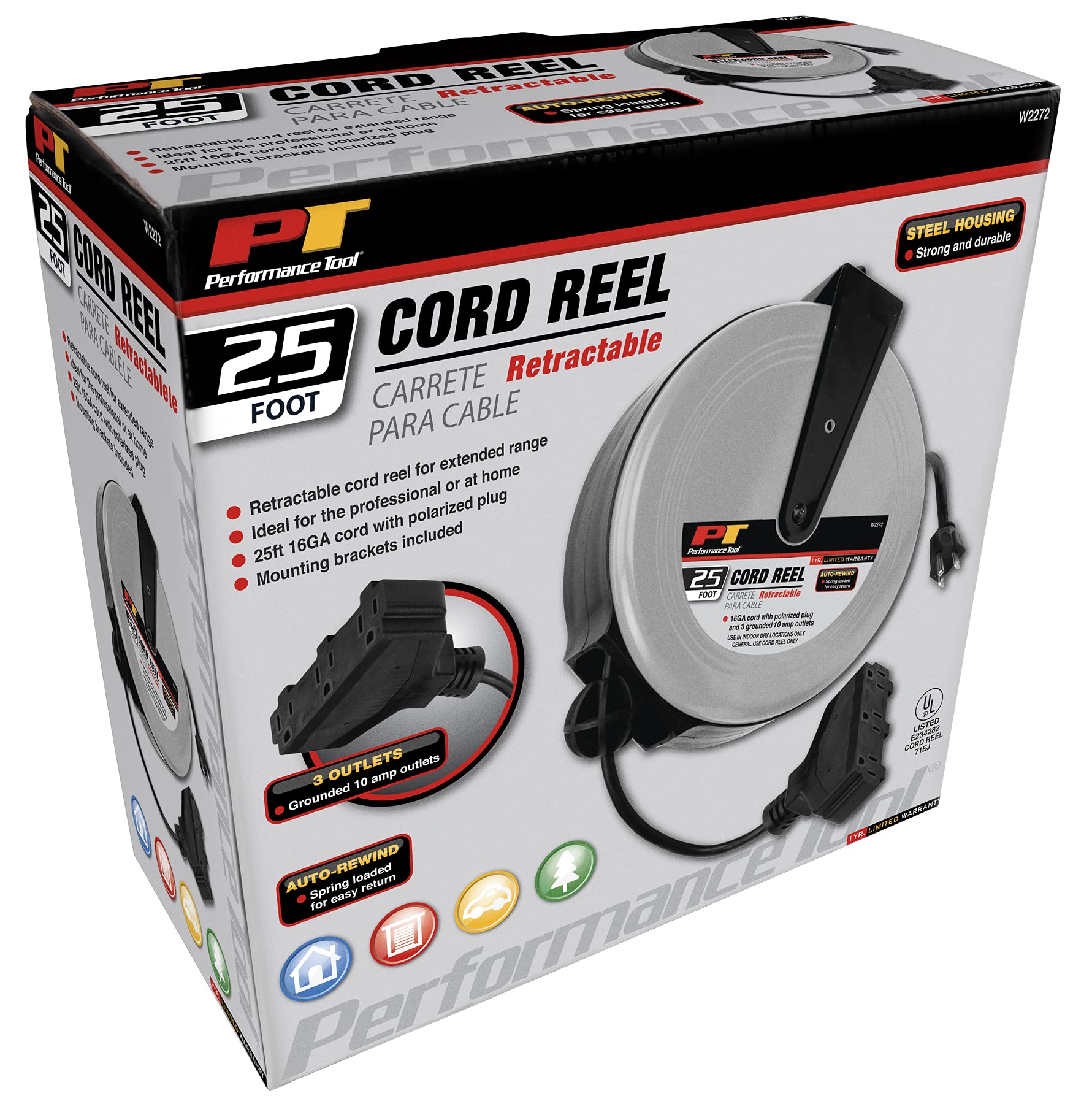 W2272 Performance Tool Retractable Cord Reel for Outlet Extension in Workshops and Home, Black/Gray, 25 feet