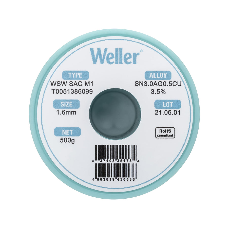 Weller M1 WSW SAC (T0051386099) Lead Free Solder Wire, Dia: 1.6 mm / 0.063 in, Wt: 500 g / 17.637 oz, Alloy Sn96.5Ag3.0Cu0.5, Flux content 3.5%