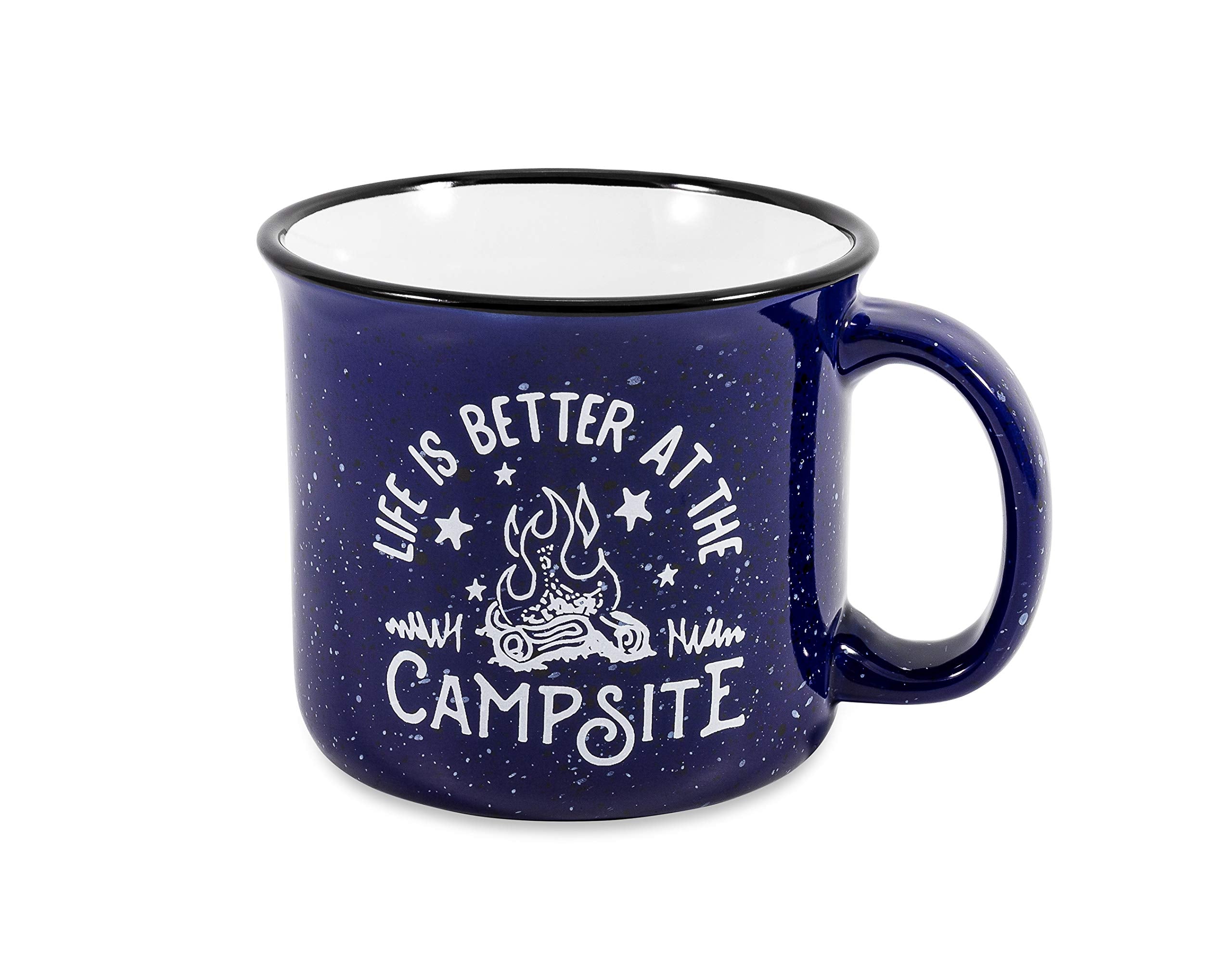 Camco Ceramic Mug Life is Better at The Campsite | Microwave and Dishwasher Safe | Speckled Blue bakground with White Life is Better at The Campsite Design | 14oz. (53387)