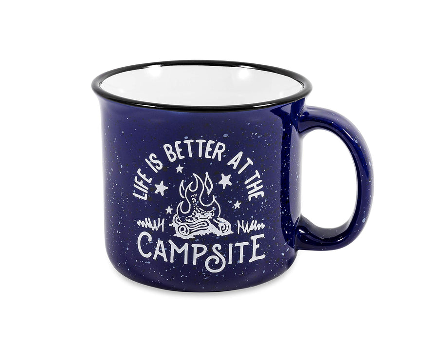 Camco Ceramic Mug Life is Better at The Campsite | Microwave and Dishwasher Safe | Speckled Blue bakground with White Life is Better at The Campsite Design | 14oz. (53387)