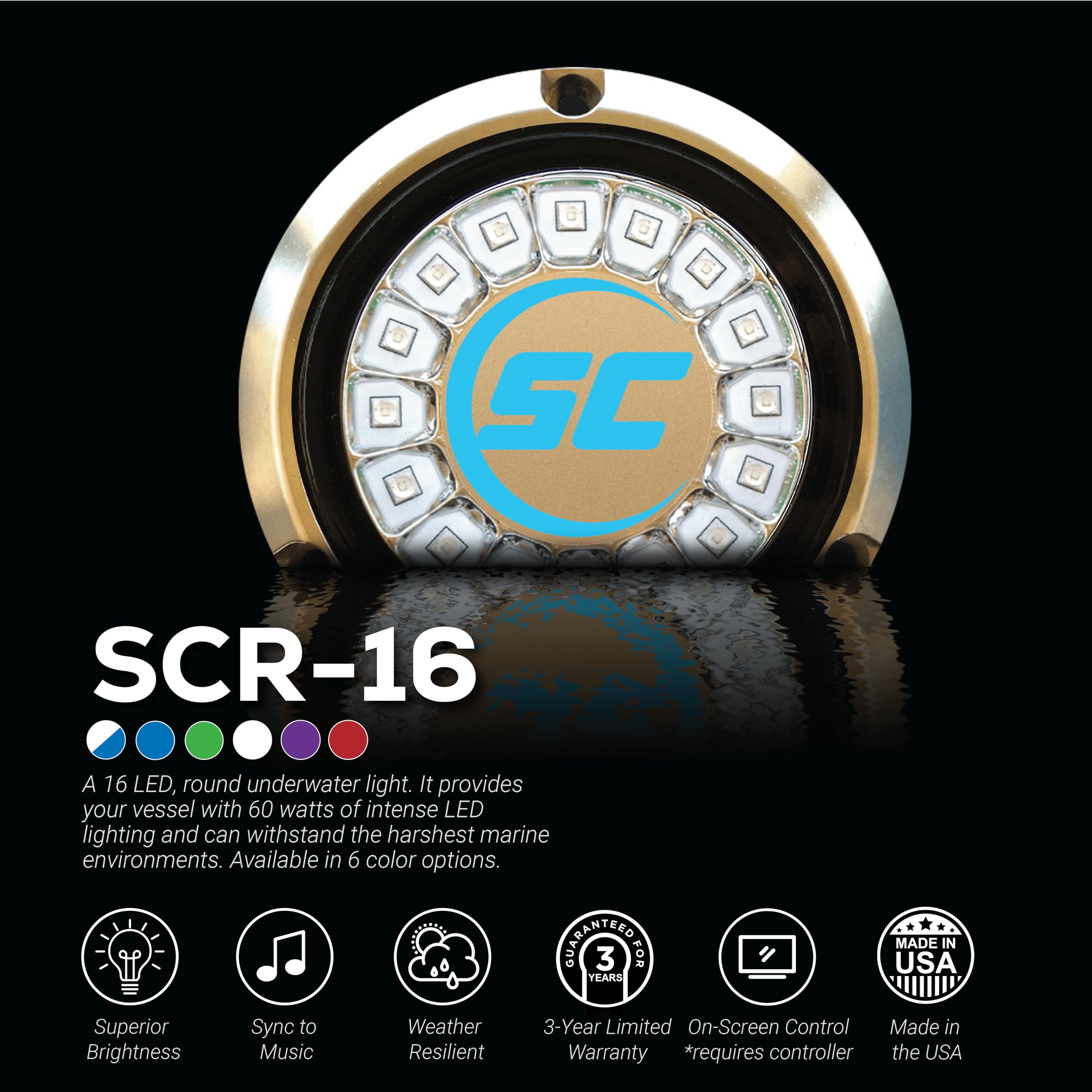 shadow-caster LED SCR-16 Underwater Boat Light - Bimini Blue - Bronze Housing - 60W Surface Mount - Tempered Glass Lens - IP68 Fully Submersible Waterproof