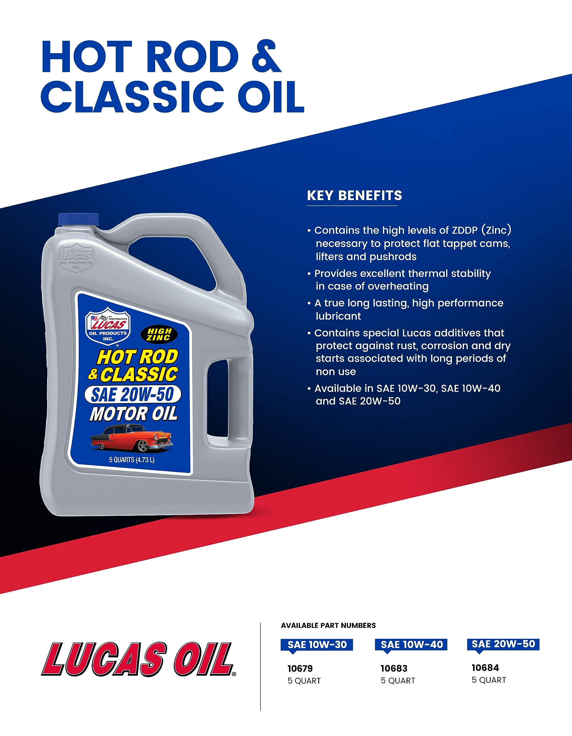 Lucas Oil 10684 SAE 20W-50 Hot Rod & Classic Car HP Motor Oil - 5 Quart