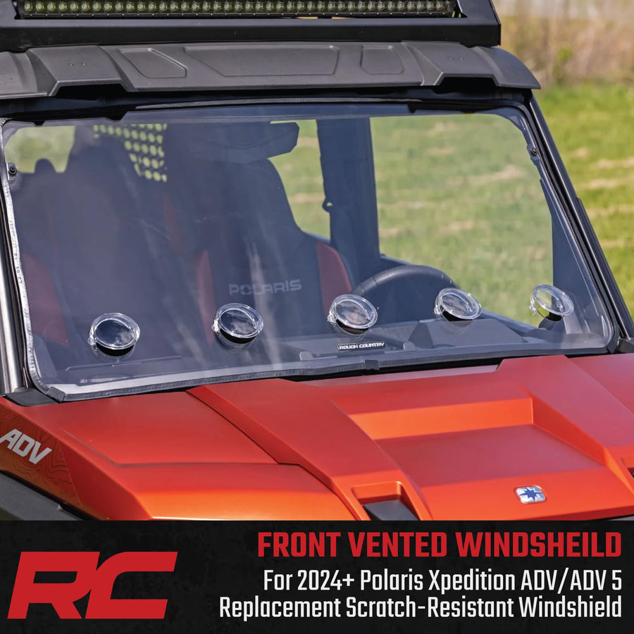 Vented Rough Country Full Windshield for Polaris Xpedition - Scratch Resistant 1/4" Polycarbonate, 250x Stronger than Glass