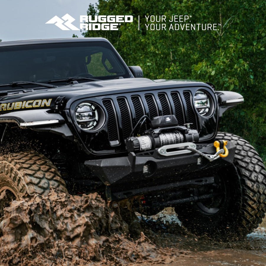 Front Rugged Ridge XOR Bumper for Jeep Wrangler/Gladiator | Stubby w/Skid Plate, Steel, Black | 11541.21 | Fits 2018-2025 Jeep Wrangler JL; 2020-2025 Jeep Gladiator JT
