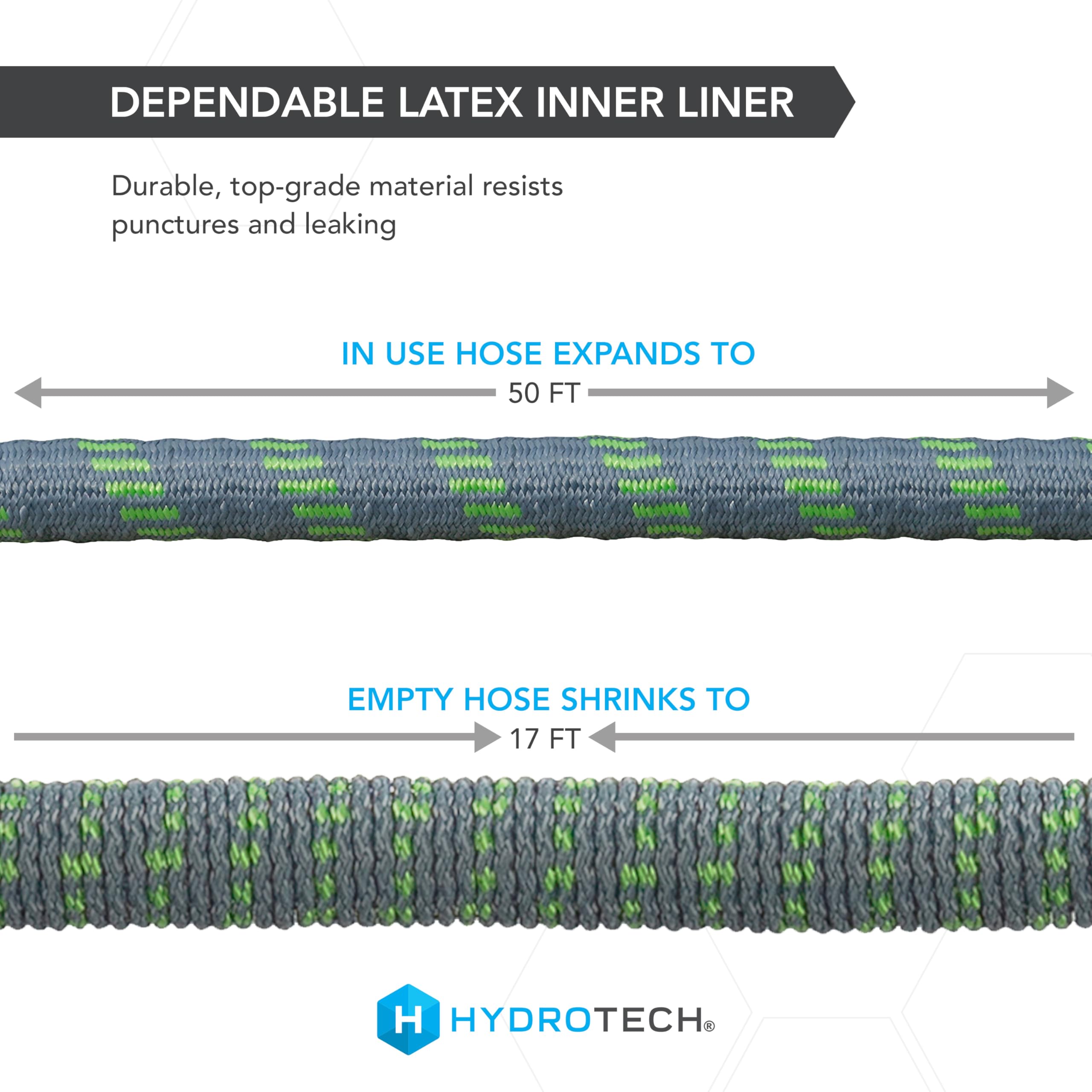 50 ft HydroTech Expandable Garden Hose - Burst Proof & Lightweight, Flexible Water Hose with Durable Reinforced Latex Core & Solid Brass Fittings for Lawn, Garden, Car Washing