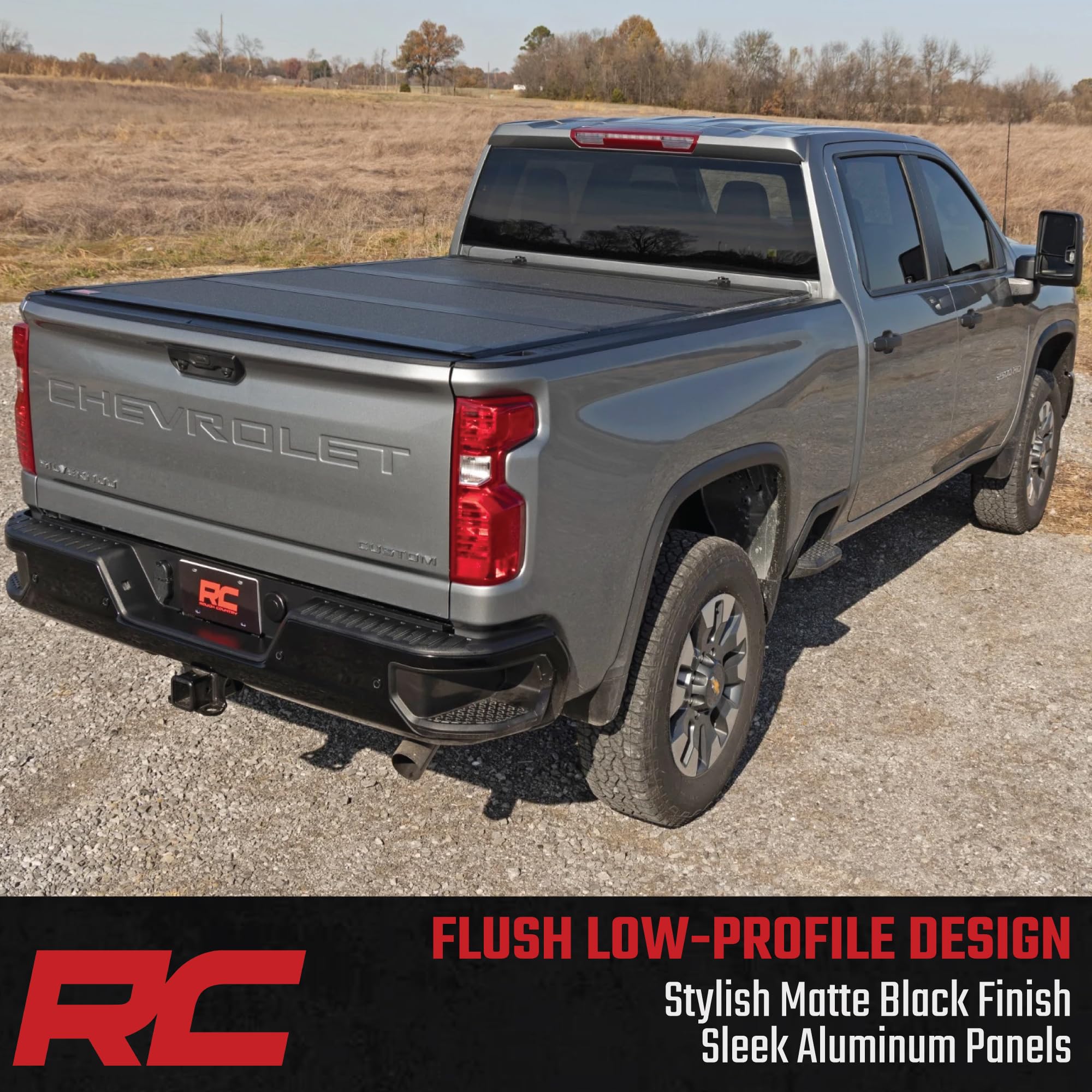 Rough Country Truck Bed Hard Flip-Up Tonneau Cover for Chevy Silverado & GMC Sierra 2500HD/3500HD (2020-2025) - Aluminum Tri-Fold Bed Cover, Fits 6'9 (82.2") Bed