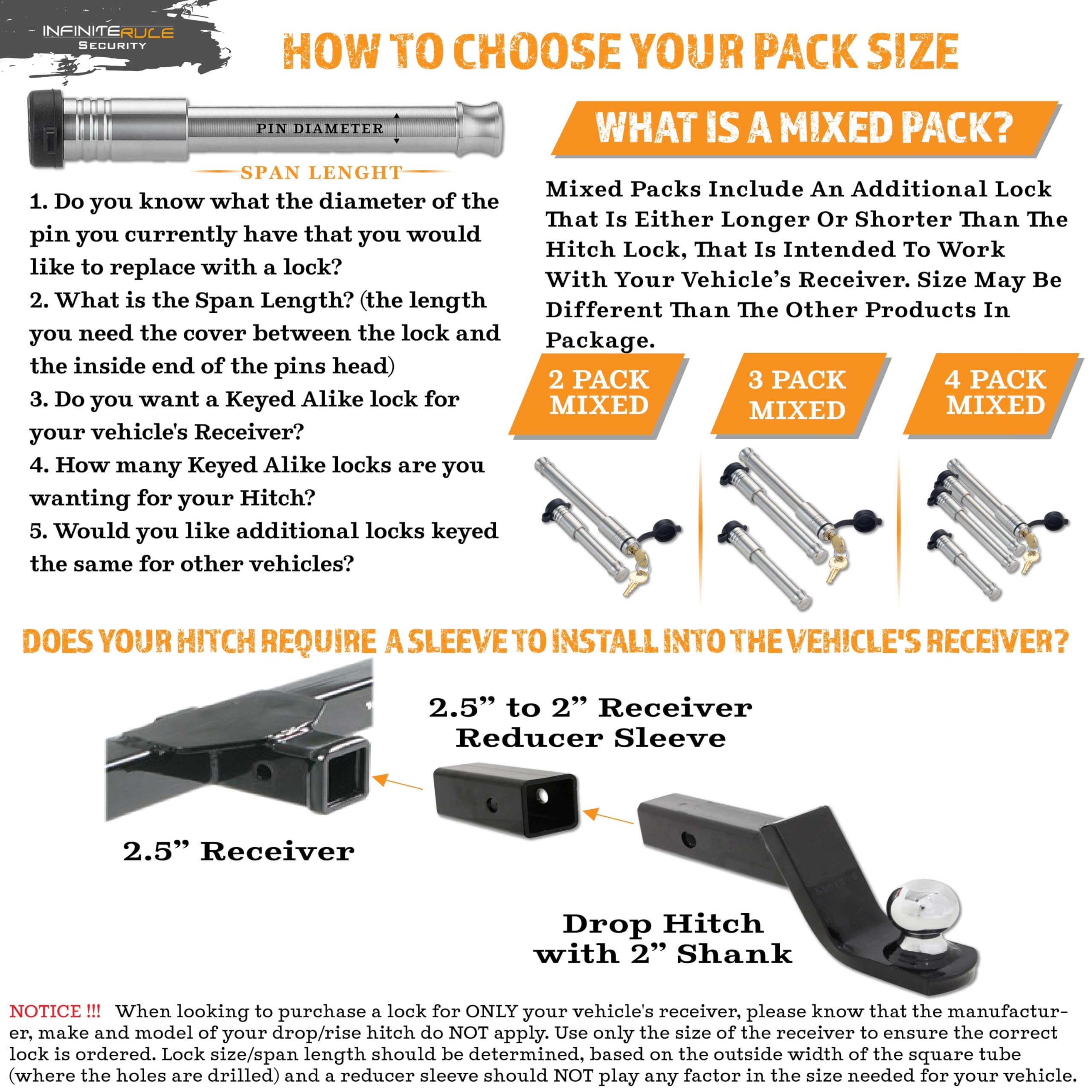 Security InfiniteRule 61806 | 3 Pack Mixed 2.5, Keyed Alike, Hitch Locks for CURT 2" Adjustable Channel Mount 14K LB Hitch - Includes Lock for 2.5" Receiver
