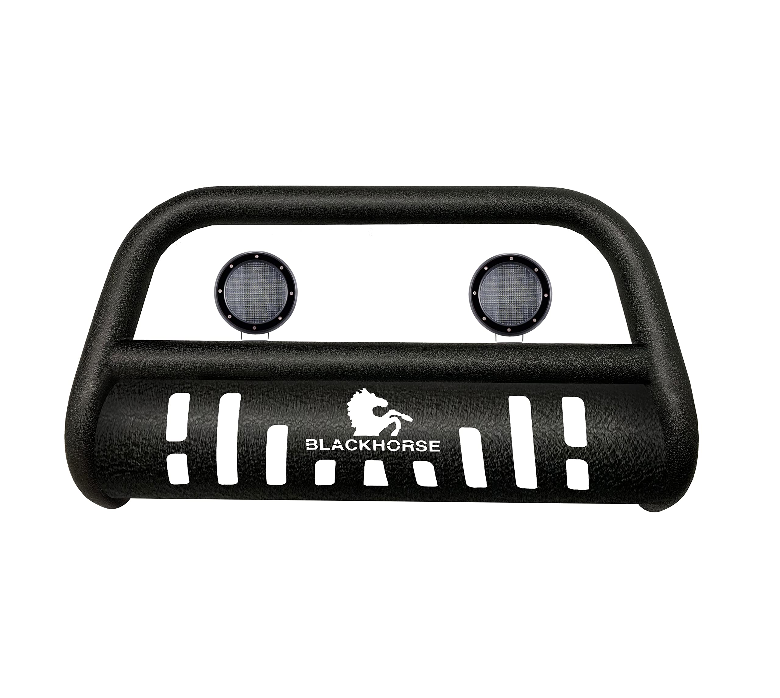 Bull Bar-T Black Horse Textured Black Come with Pair of 5.3" Dia. LED Flood Lights with Black Trim Rings Compatible with 2009-2014 Nissan Murano-CBT-A152SP-PLFB