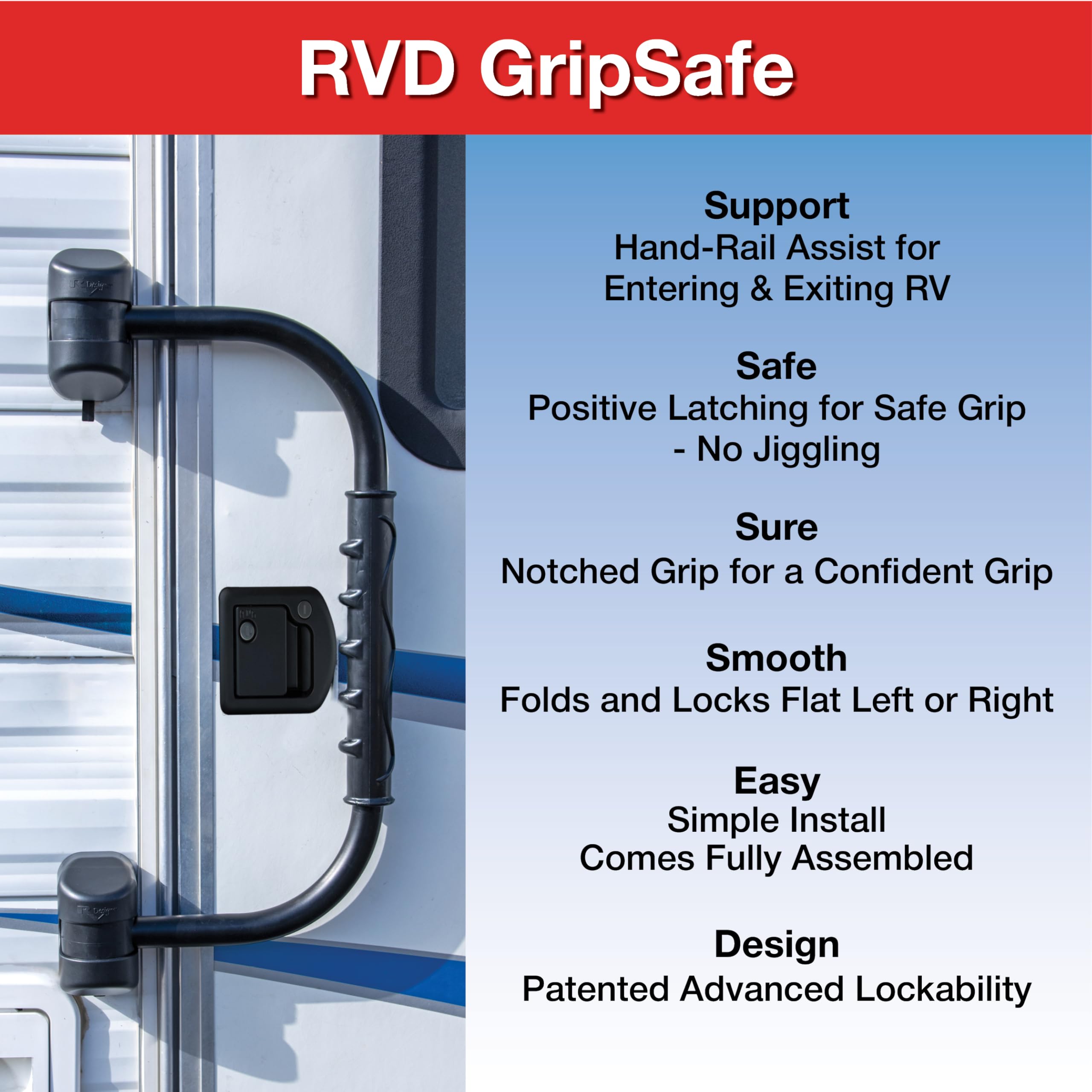 GripSafe RV Designer R222 Handrail Assist - Locking Folding Aluminum Grab Handle with Notched Grip - Safe Entry Assist for RV Door - Easy Installation, 22 Inch, Black