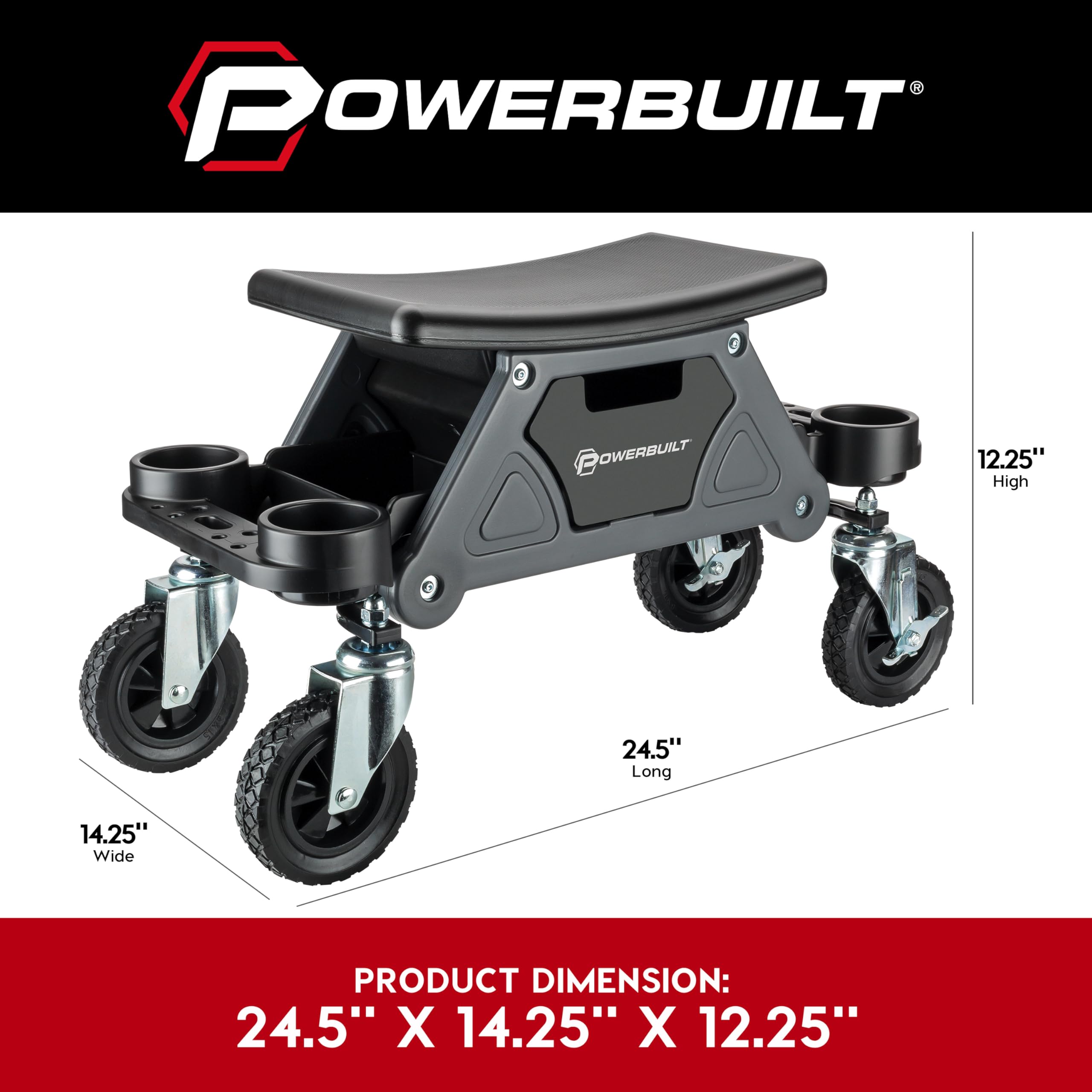 Powerbuilt Rolling Seat Big Wheel, Off-Road Series, Locked in Tool Trays, Heavy-Duty Wheels for Gravel and Rocks - Grey 642965ECE