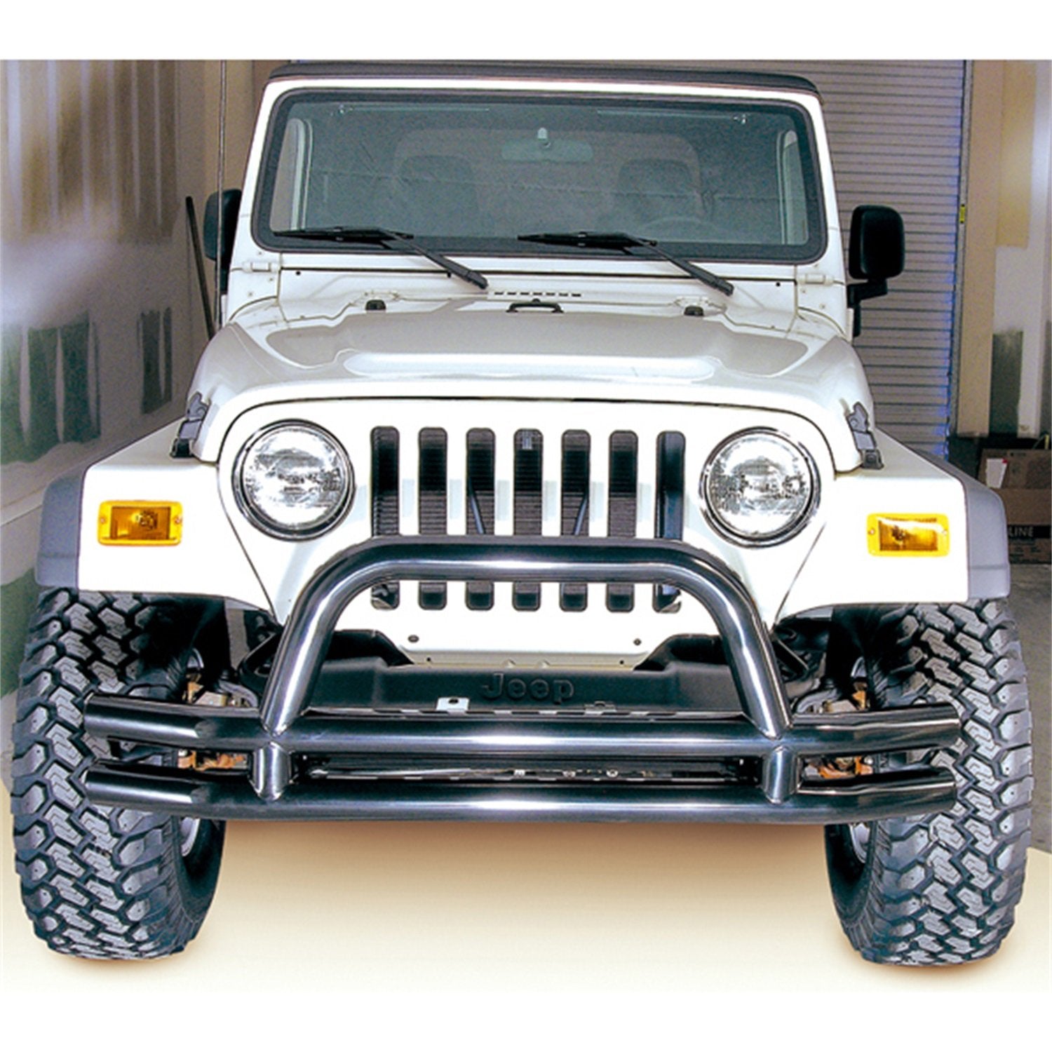 Rugged Ridge Front Dual Tube Bumper | Mid-Width w/Hoop, Steel, Black | 11560.01 | Fits 1976-1986 Jeep CJ; 1987-2006 Jeep Wrangler YJ/TJ