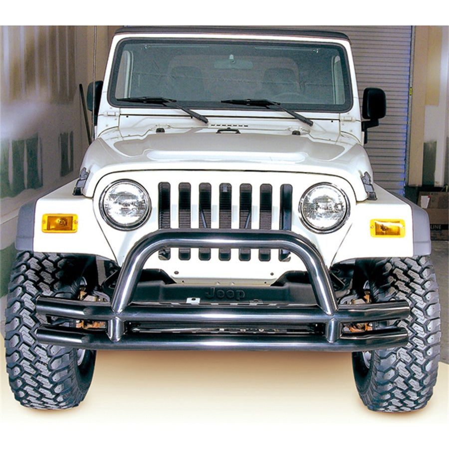 Rugged Ridge Front Dual Tube Bumper | Mid-Width w/Hoop, Steel, Black | 11560.01 | Fits 1976-1986 Jeep CJ; 1987-2006 Jeep Wrangler YJ/TJ