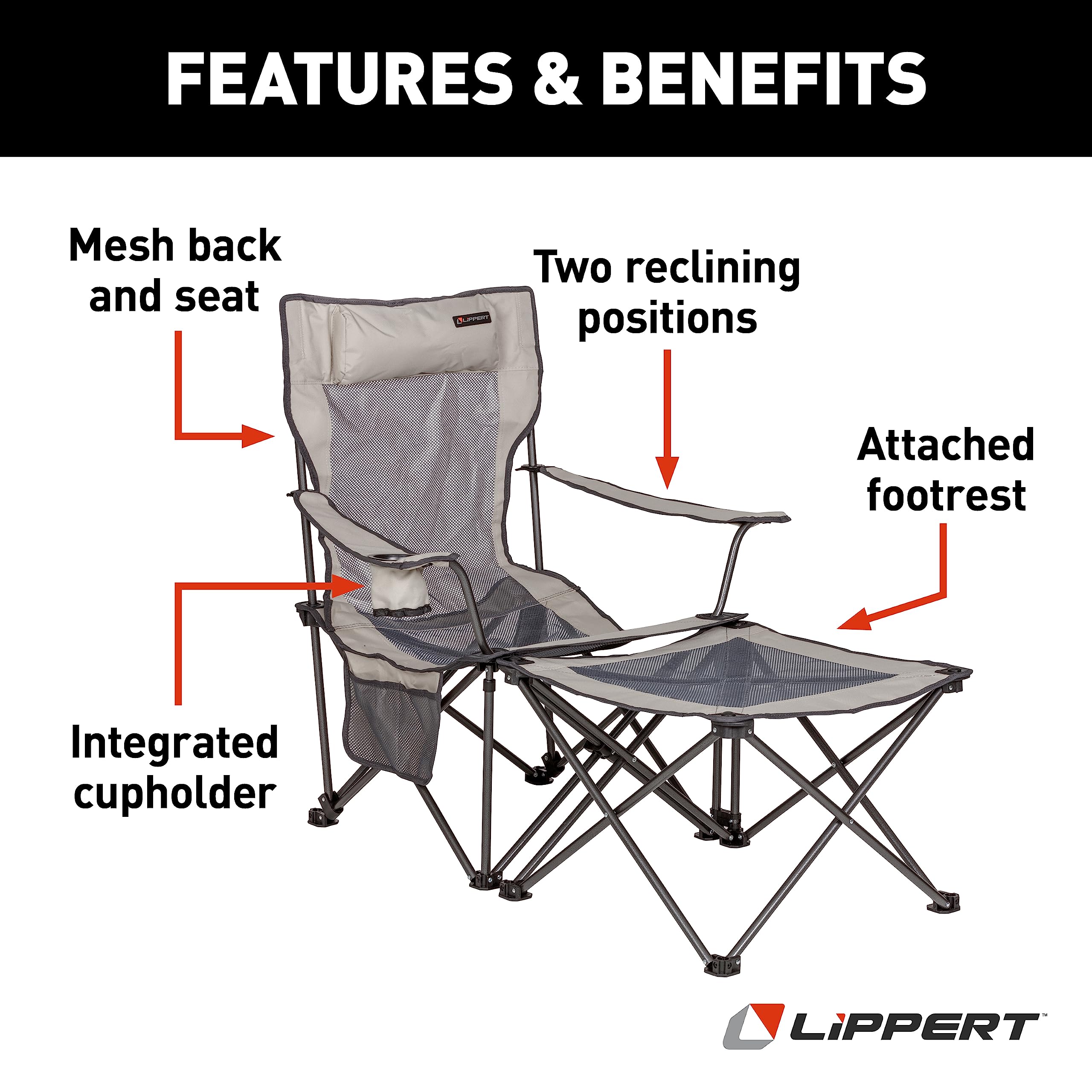 Sun Soaker Lippert Two-Position Vented Reclining Camping Chair with Footrest, 600D Polyester Fabric, Mesh Back/Seat, Padded Headrest, Cupholder, 250-lb. Weight Capacity, Sand Color - 2022114829
