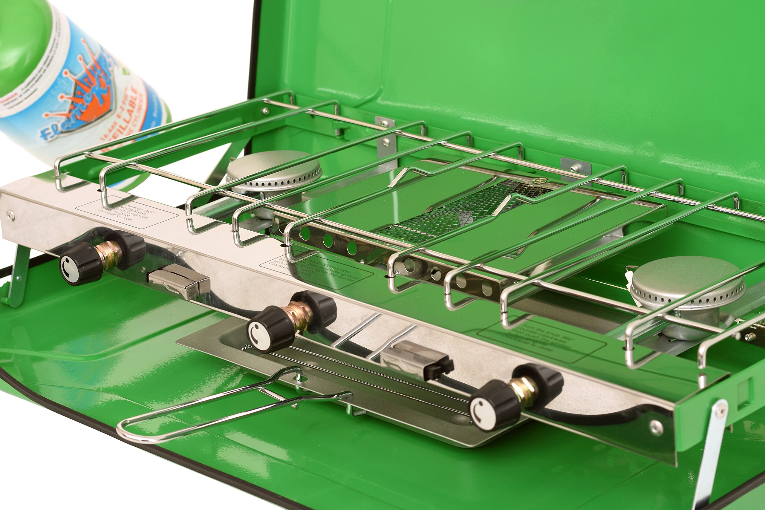 Flame King 3-Burner YSNBBQ-136M Portable Camping Stove Grill w/Toast Tray, Great for Outdoor Cooking, Backpacking, Compatible with 1LB Propane Gas Bottle