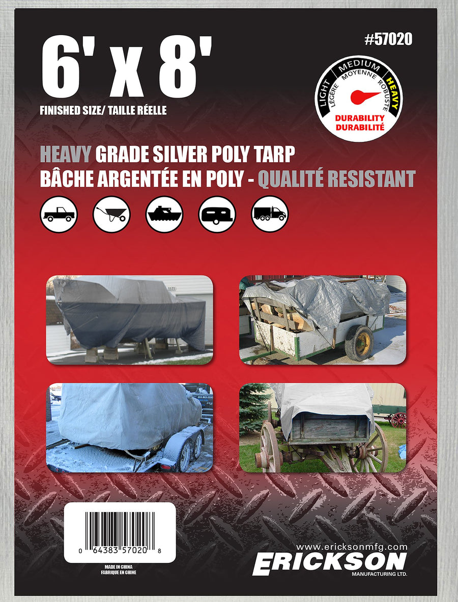 Heavy Grade Erickson 57020 Silver Poly Tarp, 6' x 8', 1 Pack