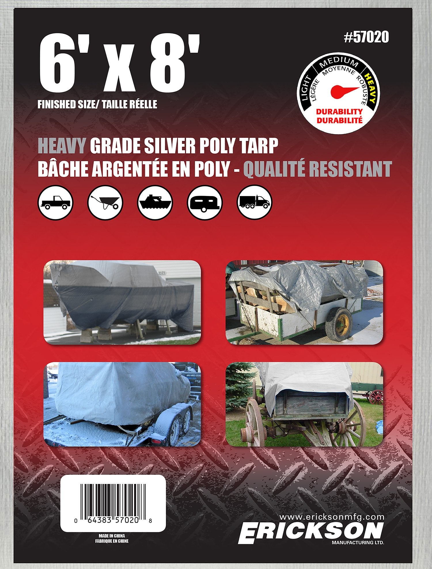 Heavy Grade Erickson 57020 Silver Poly Tarp, 6' x 8', 1 Pack