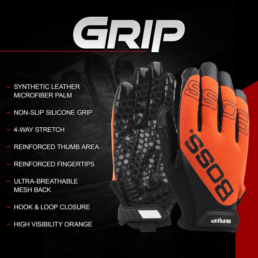 Boss Men's Silicone Grip Synthetic Microfiber Safety Work Gloves, Mesh Back, Enhanced Grip, Touchscreen, High Dexterity, Gray/Black, X-Large, (120-MG1220T/XL)