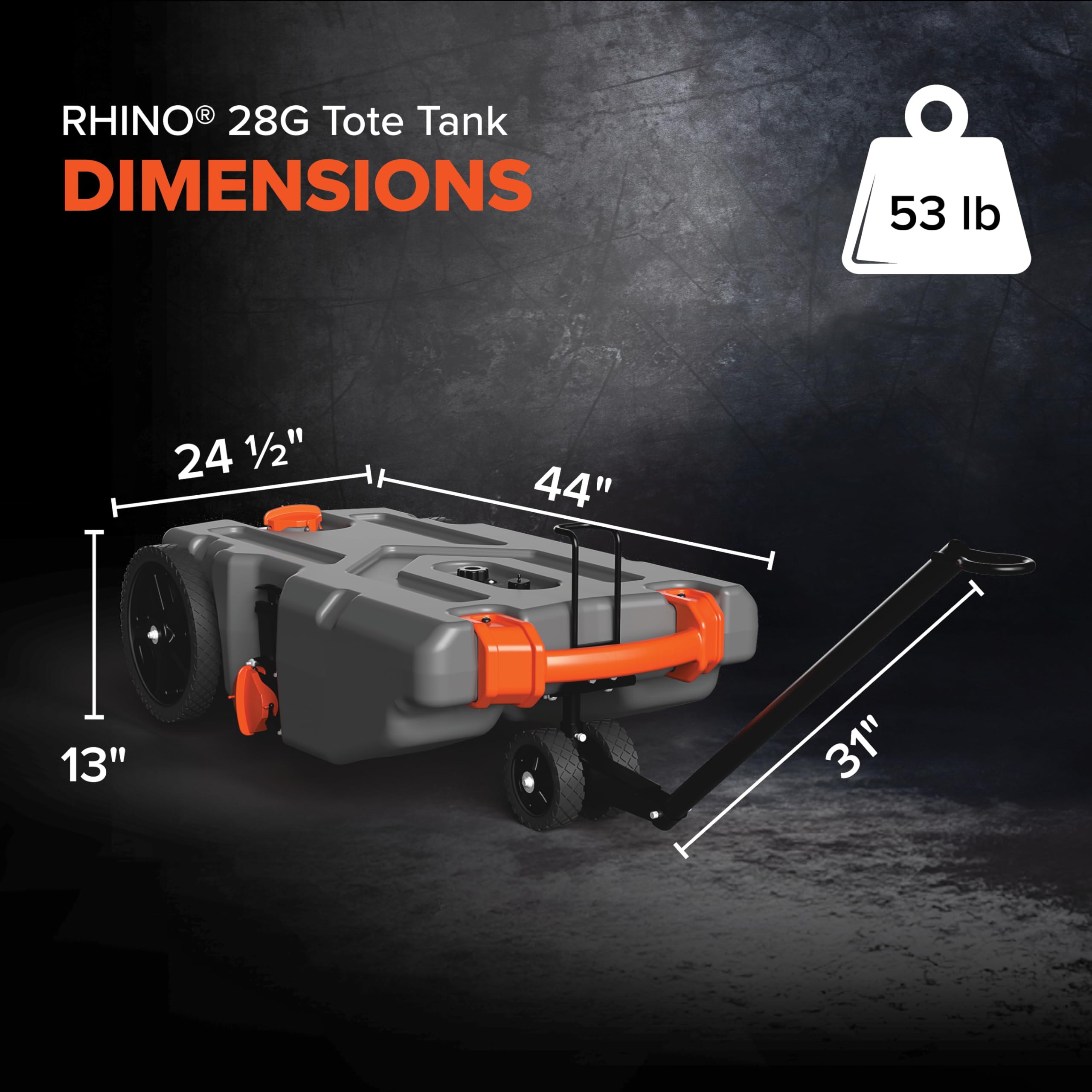Camco 28-Gallon Rhino Portable RV Tote Tank - Features 2 Steerable No-Flat Front Wheels & Built-in Gate Valve - Includes Removable 24" Tow Bar, 3’ Sewer Hose & More RV Accessories (39005)
