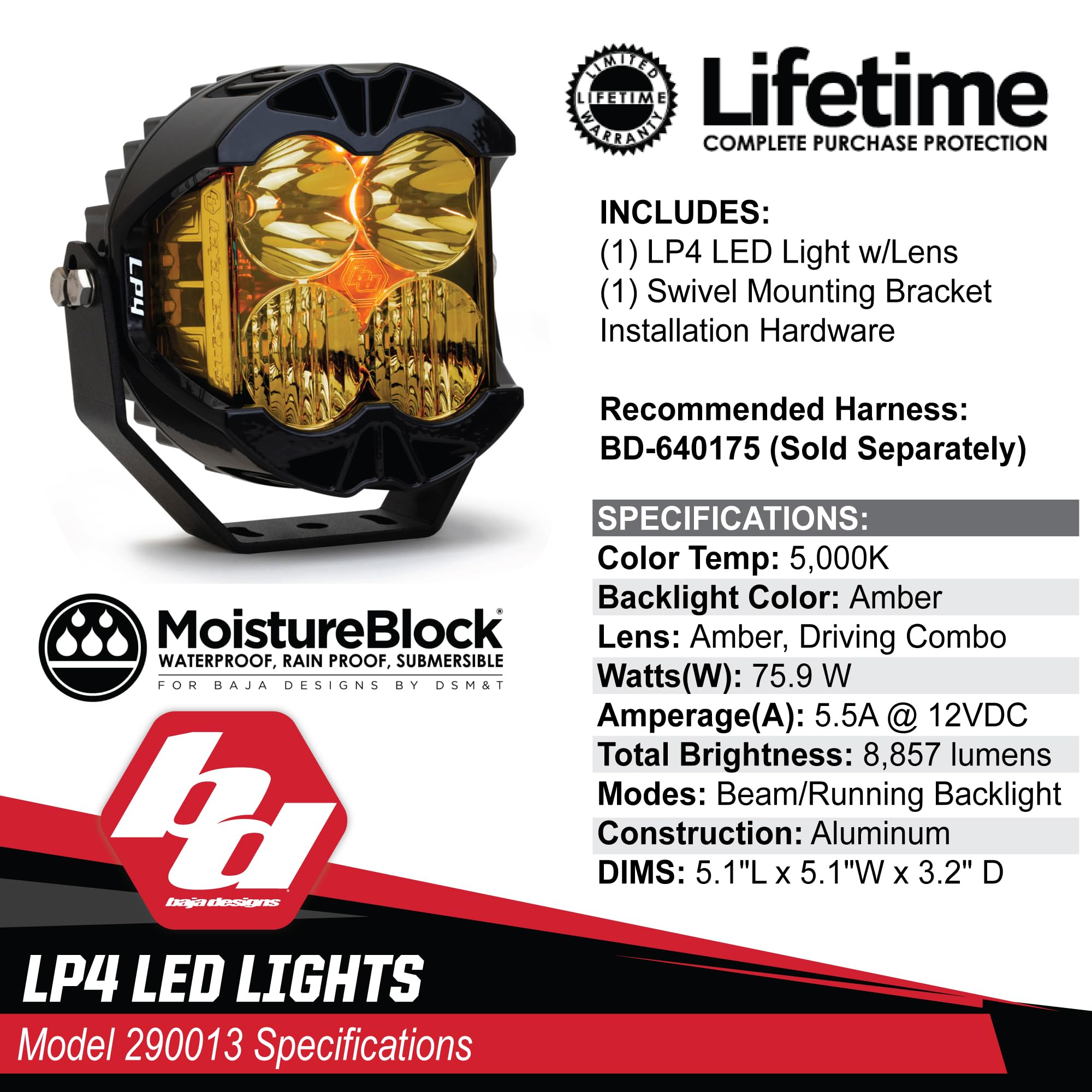 Baja Designs LP4 Pro LED Light Pod for Off Road Jeeps, Truck, UTV, ATV (Driving/Combo Lens; Amber)