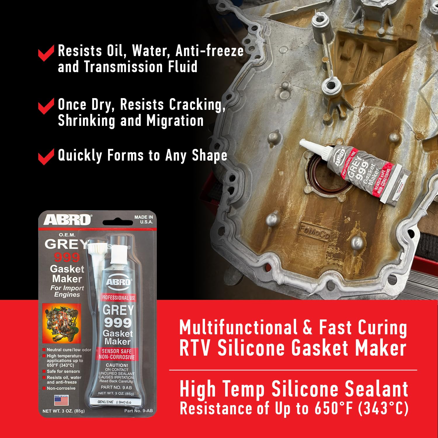 RTV Silicone Sealant and Gasket Maker ABRO - 650 Degrees F, OEM Specified, Sensor Safe, Non-Corrosive, High Temp Silicone Sealant/Head Gasket Sealant Neutral Cure, Low Odor, 3 oz. Tube - Grey