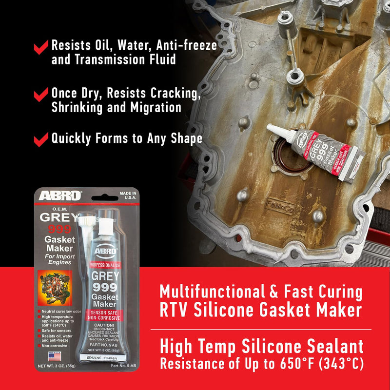 RTV Silicone Sealant and Gasket Maker ABRO - 650 Degrees F, OEM Specified, Sensor Safe, Non-Corrosive, High Temp Silicone Sealant/Head Gasket Sealant Neutral Cure, Low Odor, 3 oz. Tube - Grey