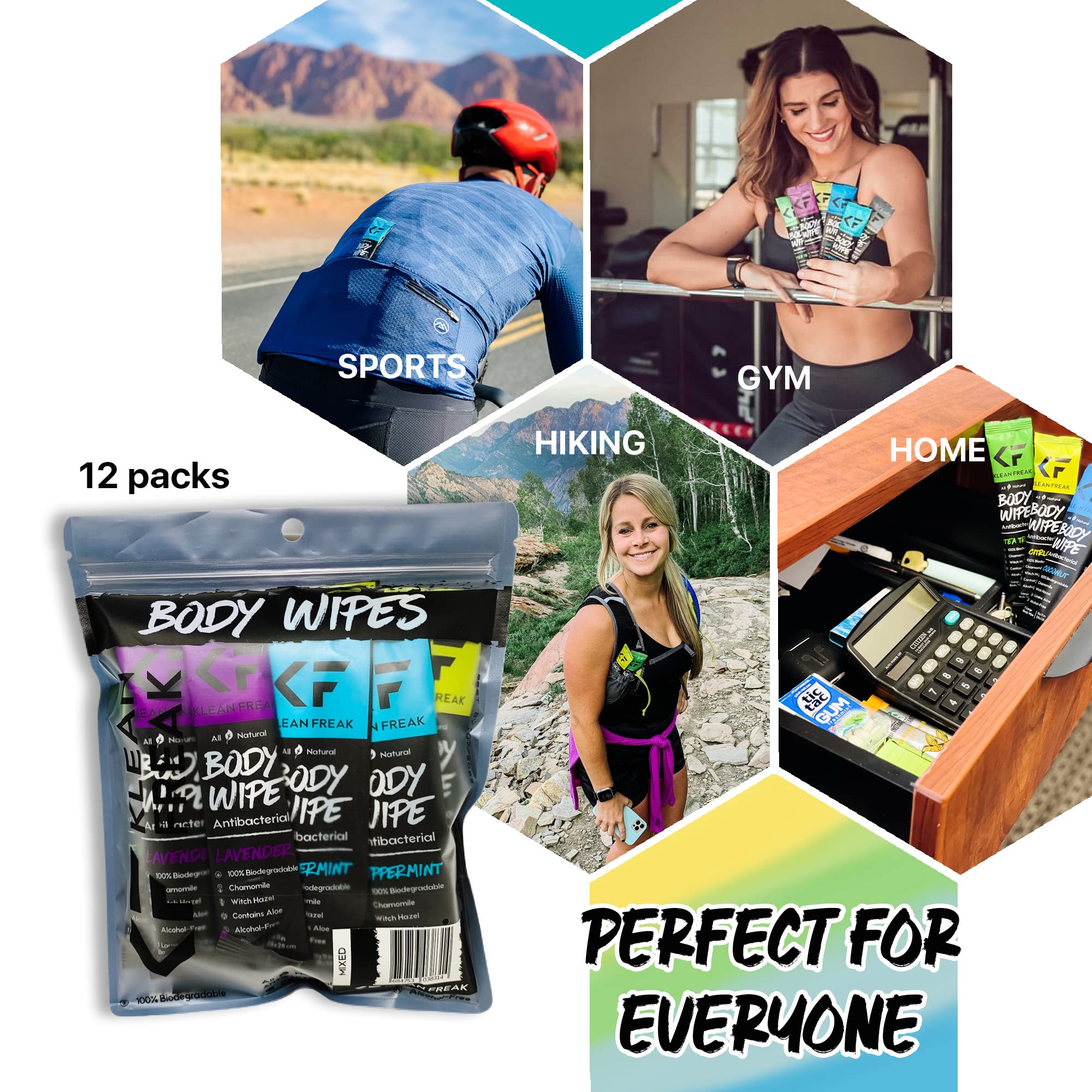 The Body Wipes Klean Freak - 12 count Individually Wrapped | Showerless Body Wipe for Women & Men | Sustainable Bodywipes for Gym, Travel, Camping | Mixed