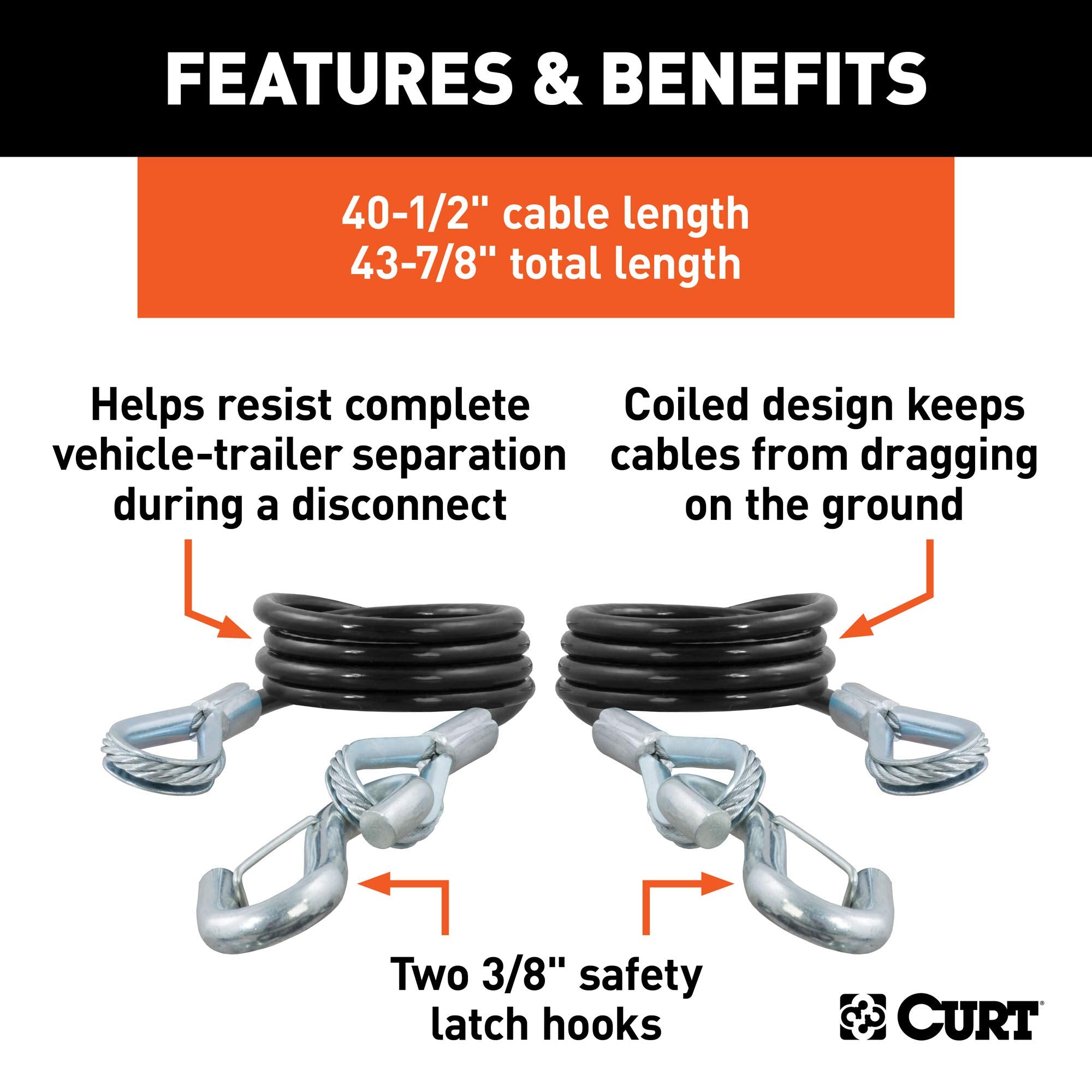 CURT 80136 Trailer Safety Cables, 43-7/8-Inch Vinyl-Coated, 3/8-In Snap Hooks, 2-Pack, 3,500 lbs Break Strength