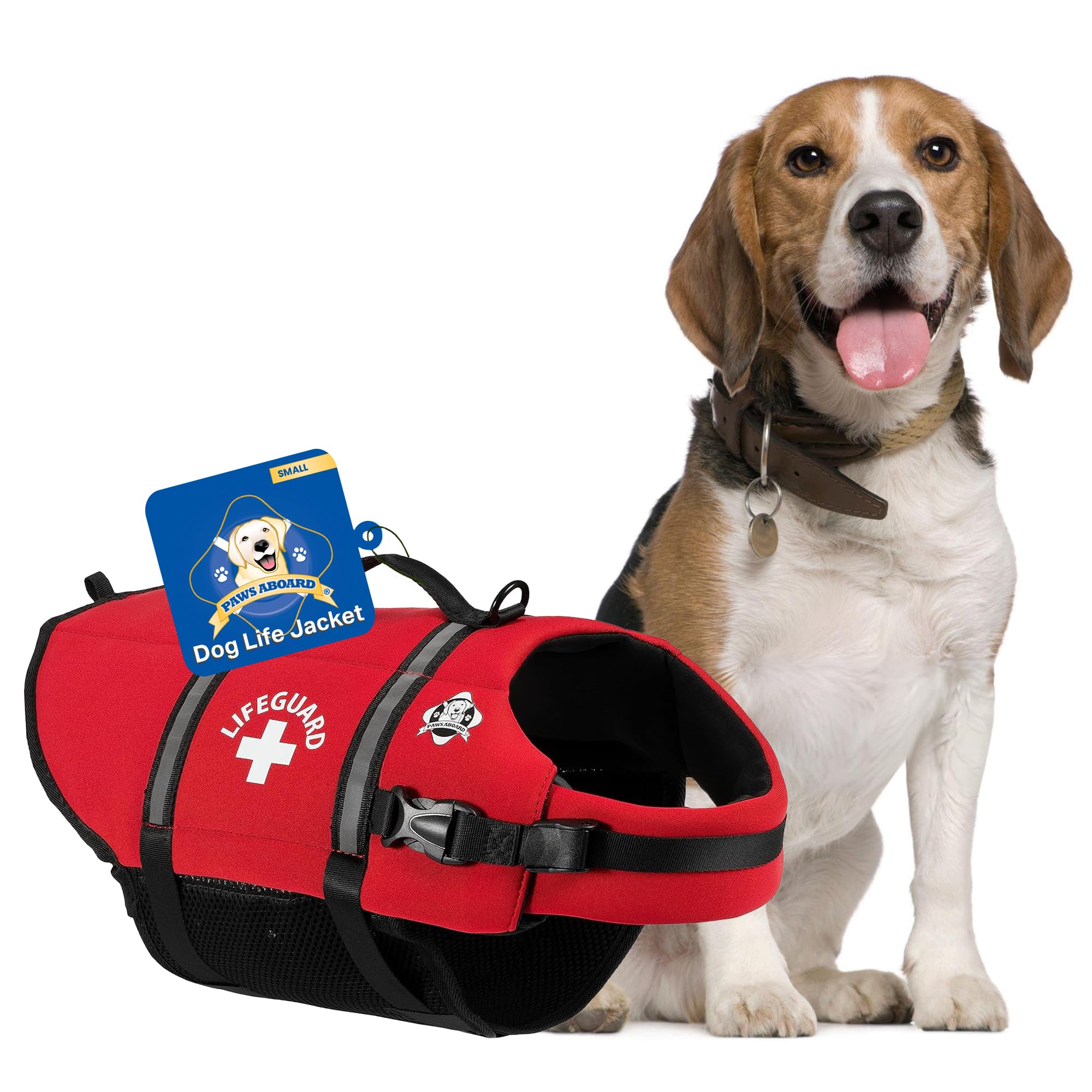 Dog Life Jacket Paws Aboard - Swimming Vest for Dogs, Adjustable, Reflective, Comfortable, Multiple Colors, Patterns, XX-Small to Extra Large Dog Swim Vest with Handle (Red, Small)