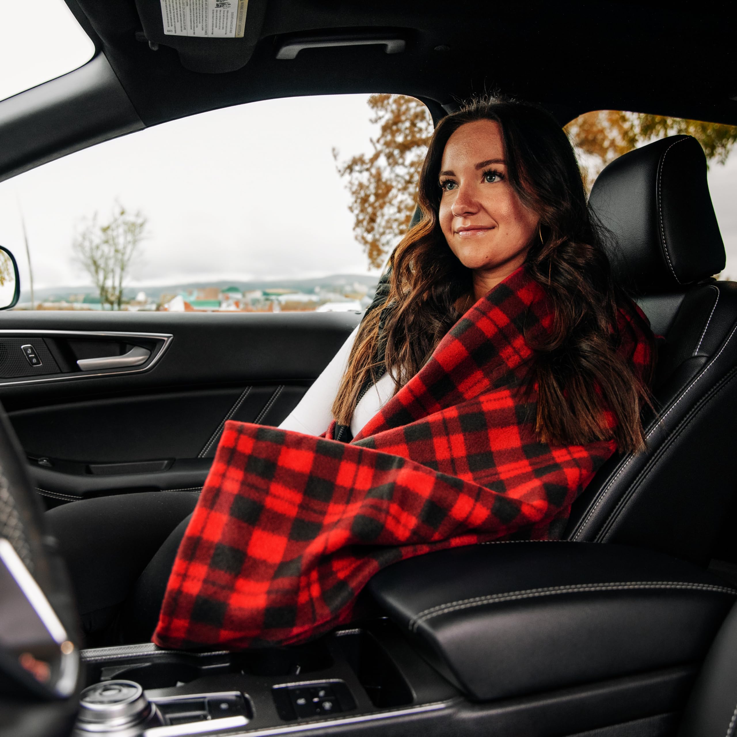 Camco Heated Travel Blanket & RV Car - Electric Blanket Features 7-Ft Power Cord Compatible w/Vehicle 12V Power Outlets - Measures 59” x 43” - Polar Fleece w/Red & Black Plaid Design (42804)