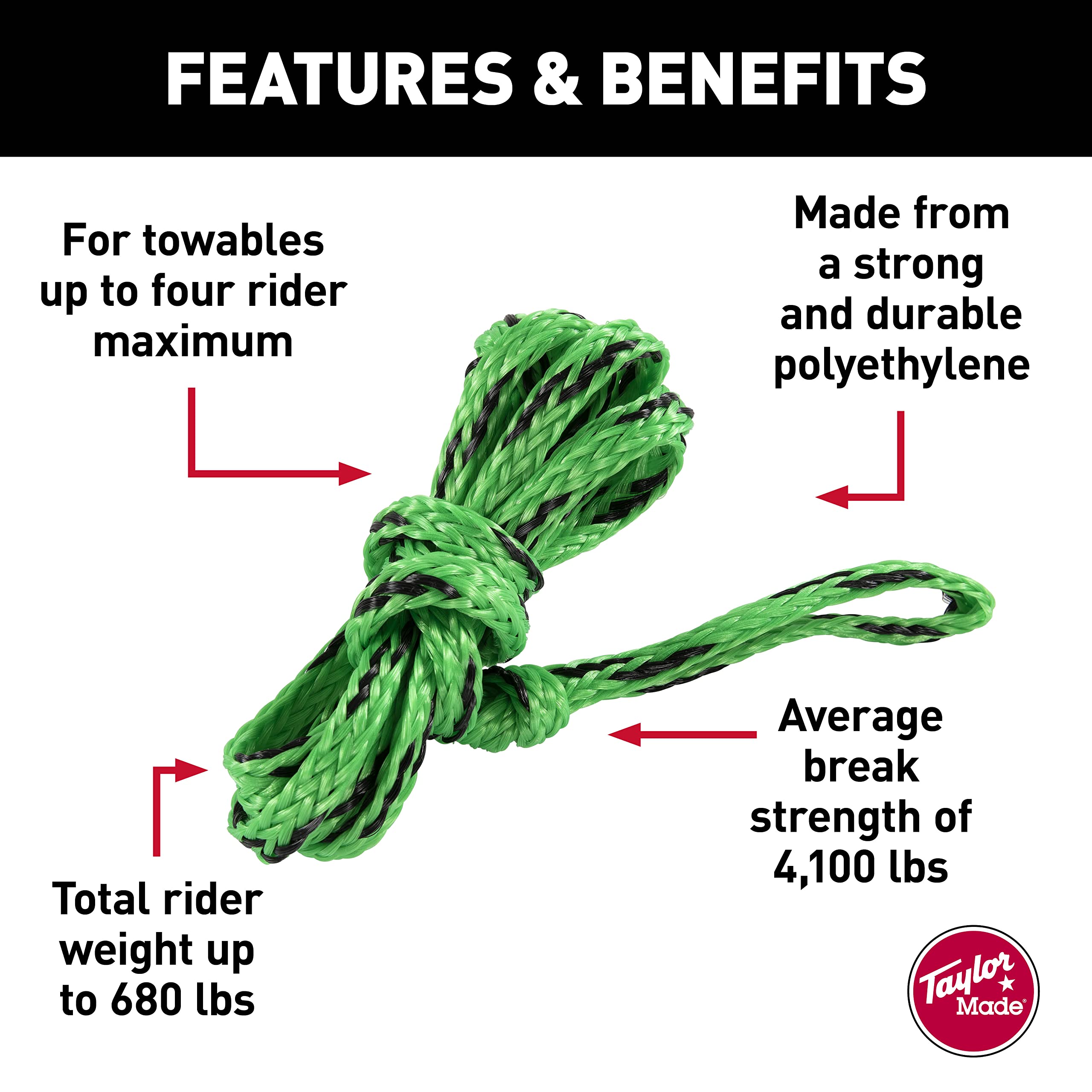 Taylor Made 4K Towable Tube Rope, 60 ft. Long, Supports Four Riders up to 680 lbs., 15mm polyethylene Tow Rope, 4,100 lb. Break Strength - 2021150643