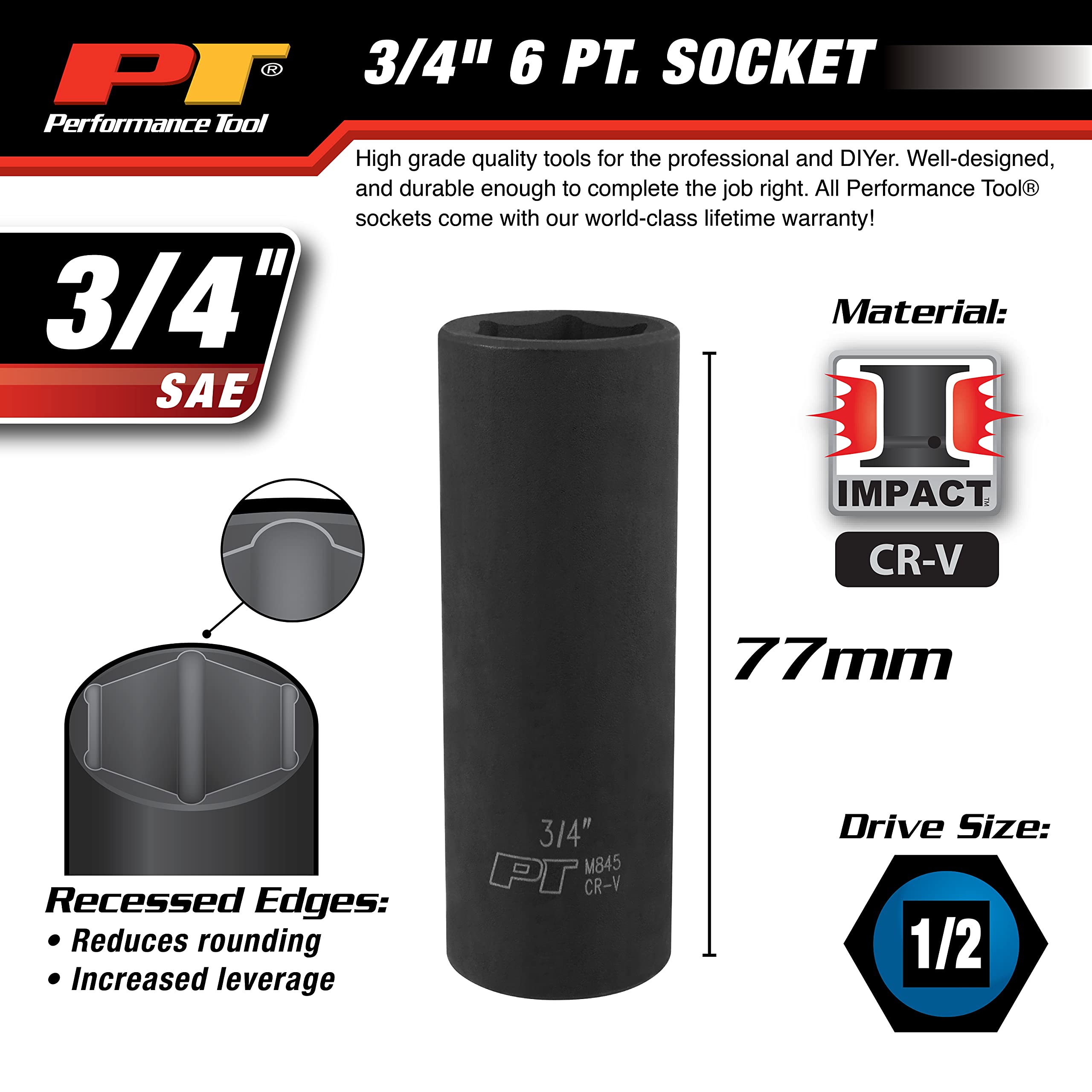 1/2 Drive Performance Tool M845 Impact Socket, 3/4-Inch Drive, 6-Point, Deep, Chrome Vanadium Steel Construction for Heavy-Duty Jobs