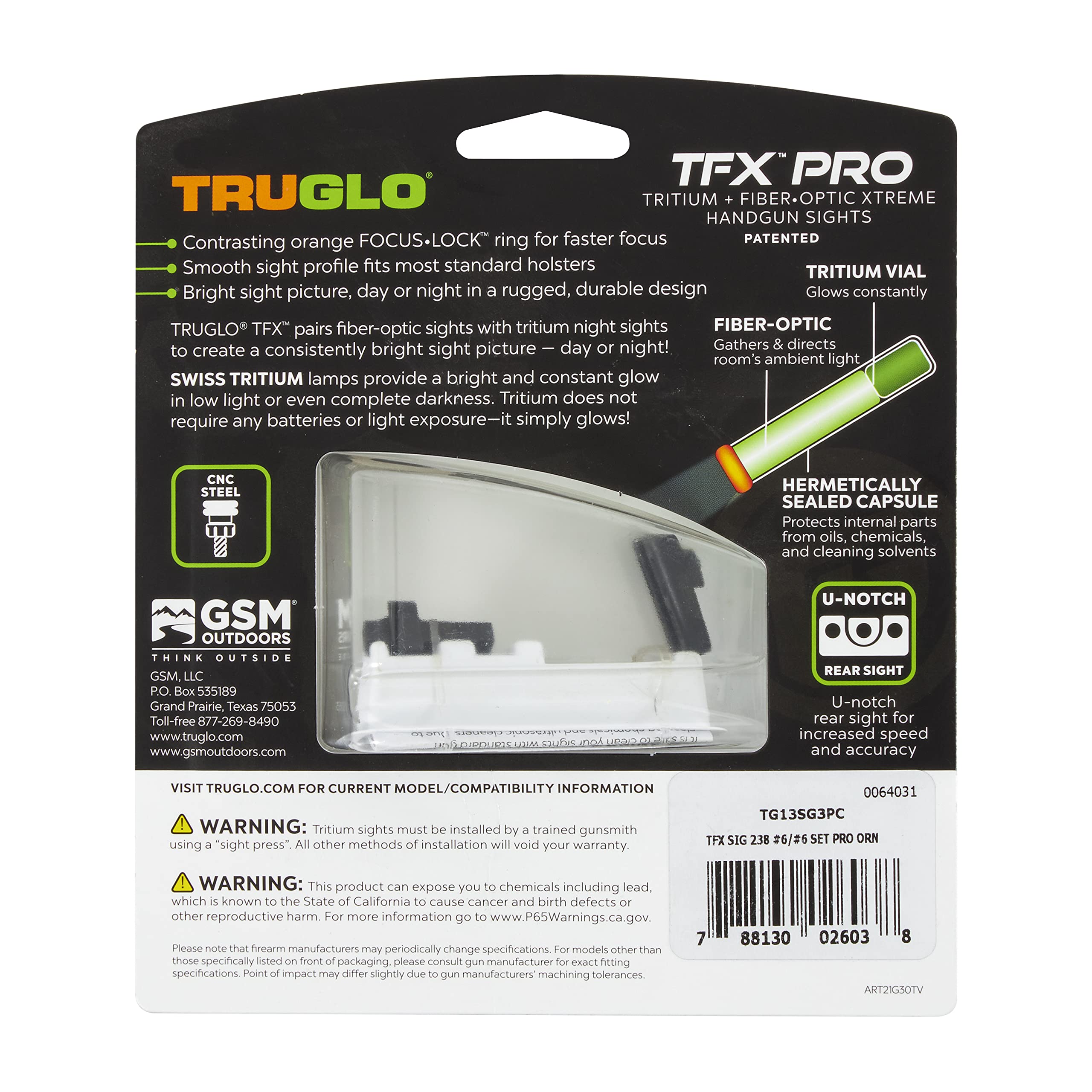 Handgun Sight TRUGLO TFX PRO | Compact Snag-Free Durable Shock-Resistant Glowing Tritium & Fiber-Optic Xtreme Night Sight with High Contrast Orange Front Ring, Compatible with Sig Sauer