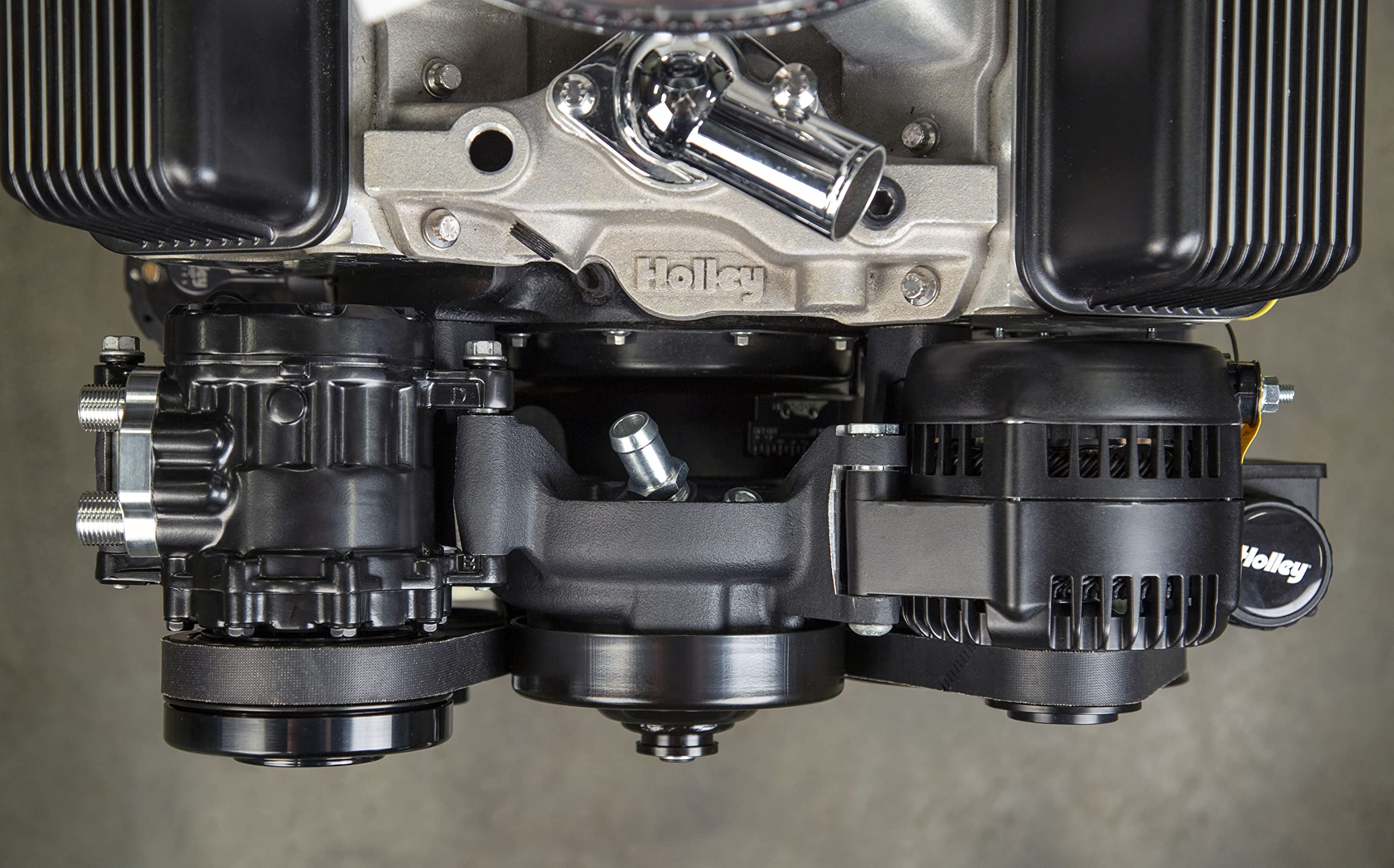 Holley Complete SBC Front Accessory Serpentine Drive Conversion System | Mid-Mount with Water Pump, Alternator, A/C & Power Steering | Fits Small Block Chevy Black Finish 20-240BK