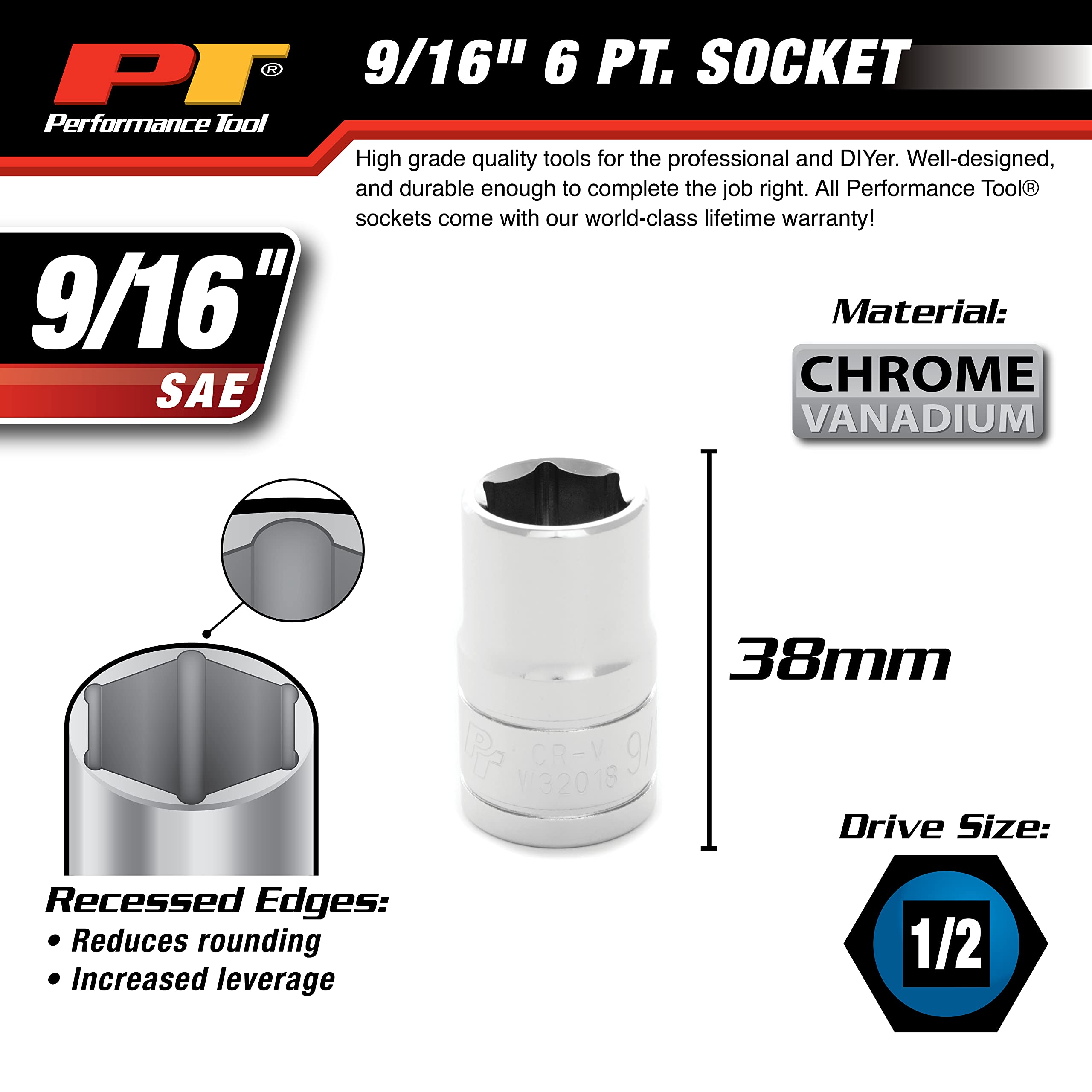 W32018 Performance Tool 6-Point Socket, 1/2-Inch Drive, 9/16
