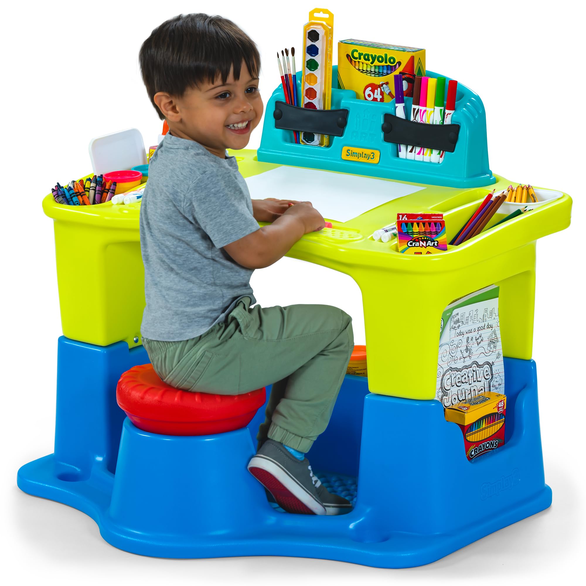 Creative Kids Art Desk Simplay3 Table and Chair Set with Attached Desk Chair, Full Floor and Art Storage