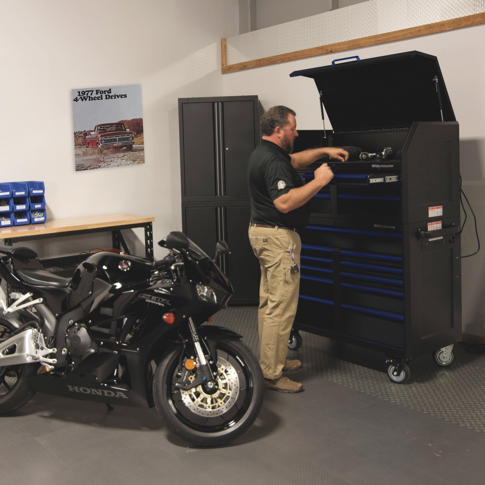 Montezuma Tool Box - 11 Drawer 46" x24" Rolling Tool Cabinet with Multiple Power Outlets & Black Powder Coat Finish - M462411TC