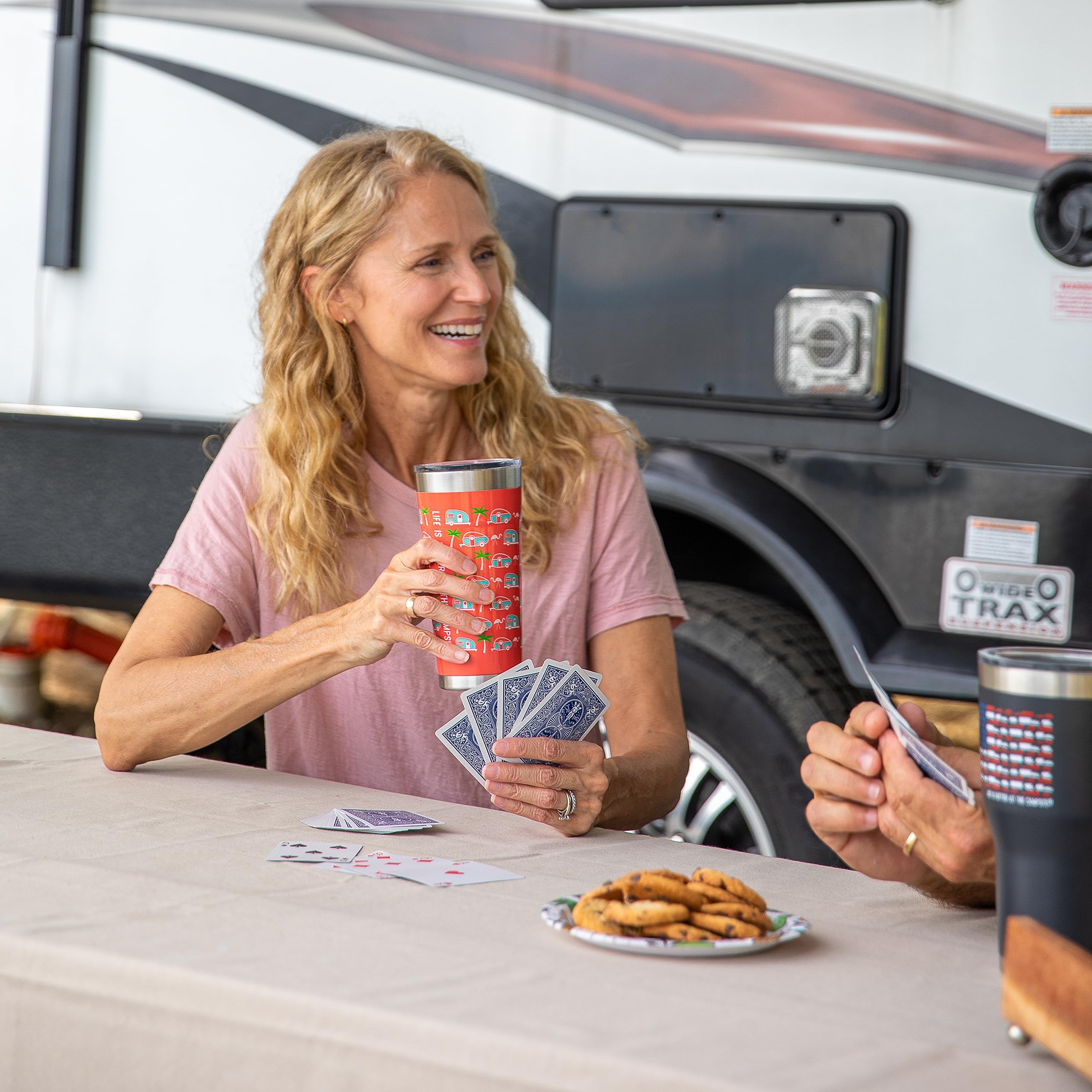 Camco Wrapped Stainless Steel Tumbler Life is Better at The Campsite - Features Double Wall Vacuum Insulation for Heat/Ice Retention & Unique Palm Tree Design - Holds 20 oz. (53322)