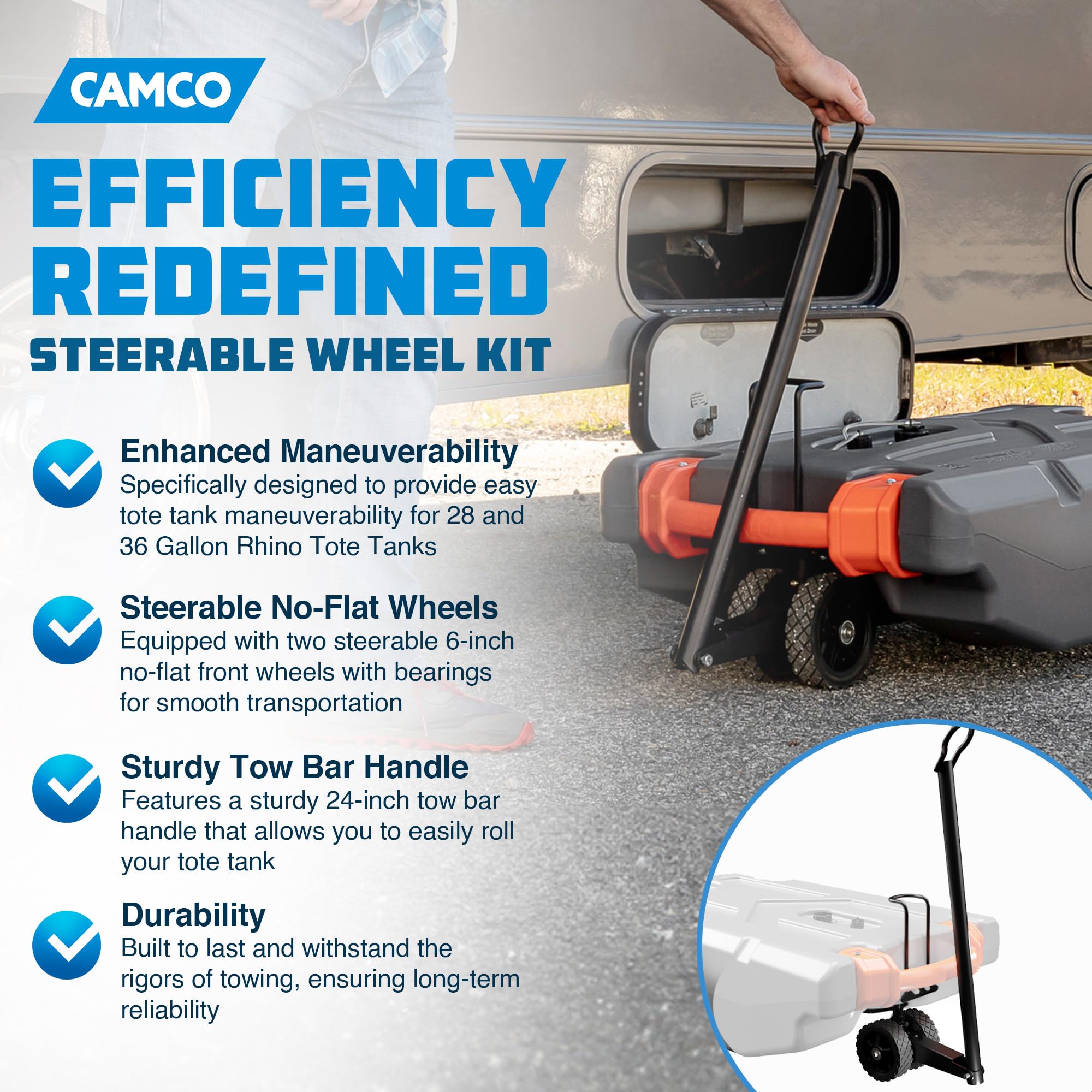 Camco Steerable Wheel Kit for 28 & 36-Gallon Rhino RV Tote Tanks - Features No-Flat Front Steerable Wheels, 24" Tow Bar & More RV Accessories (39011)
