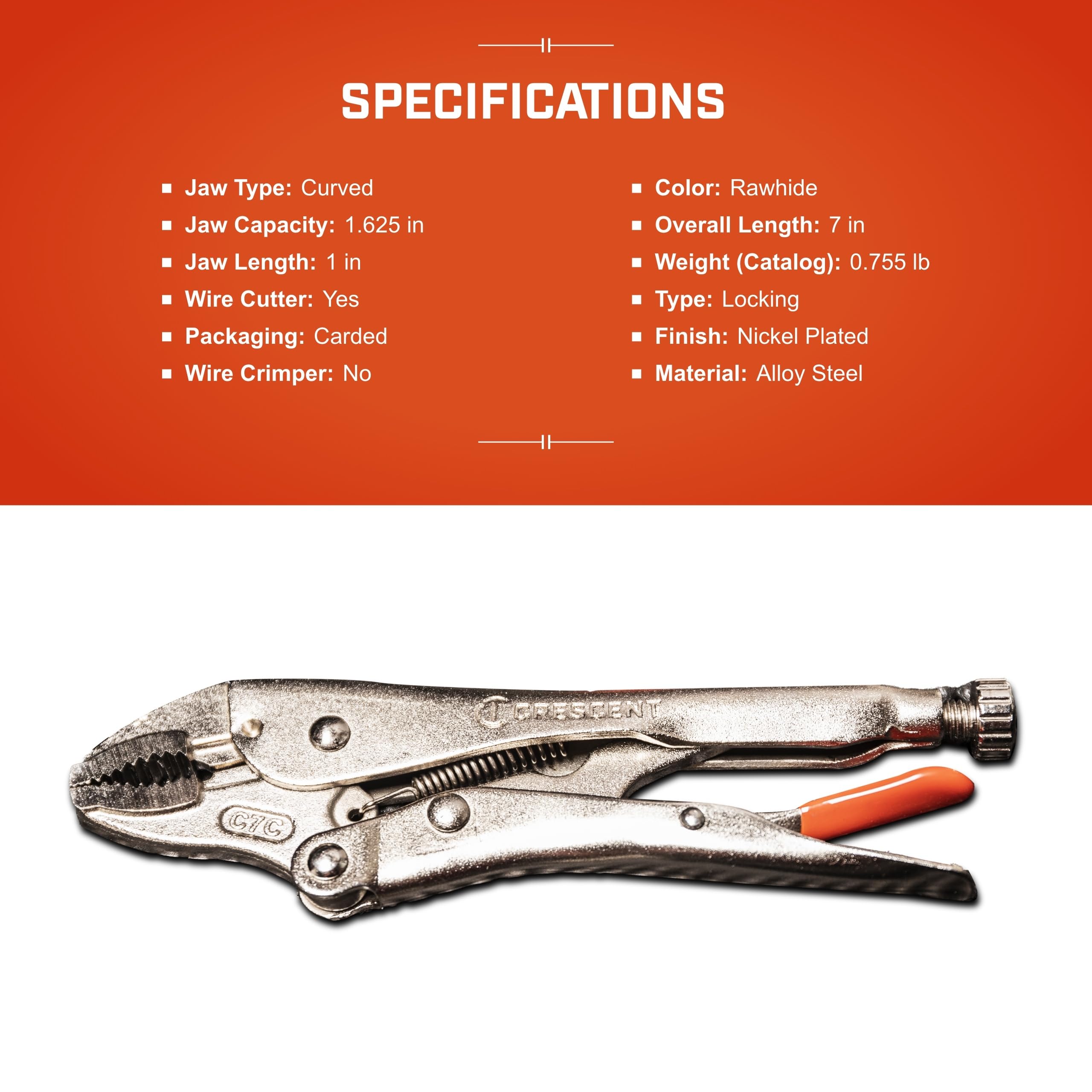 7" Crescent Curved Jaw Locking Pliers with Wire Cutter - C7CVN-08